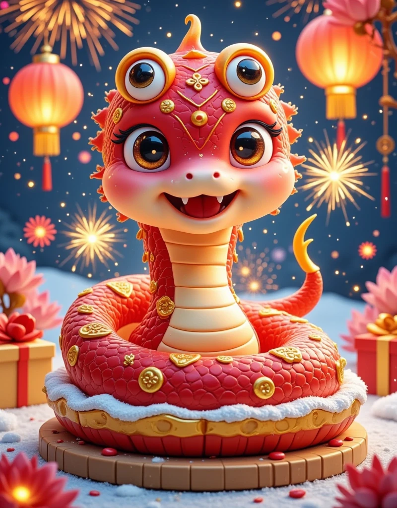 [Vision:1.0]，[Wide Angle:1.0]，masterpiece，（Boutique），Very detailed， looks super detailed ，Anthropomorphism，q version snake ，Big eyes， cute shape ， surrounded by special Chinese New Year gifts，New Year Elements ，The Chinese Year of the Snake ，Red Snake，fireworks，lantern，couplet，snowflake，Chibi，Cartoon，Tempera，illustration，Clay， High Contrast色调，Vivid colors，Complementary colors，Warm colors，Light and Shadow，Fresh and natural，fairy tale，Rich colors，Abstract composition，Fantasy atmosphere，Dreamy emotions，3d, C4D rendering, 8k, super high detail, Bright colors，Bright，RGB, Colorful)，(High contrast:1.5)，(whole body:1.8), Magazine Photography， Popular on social platforms ，((Dopamineism))，(((Dopamine color matching)))，Facing the screen，Dopamine color，High Saturation， High Contrast， High Definition ，8k，Dopamine，(in the style of Y2K)，Luo Erchun，Three-dimensional ancient style，Oriental Poetry and Painting