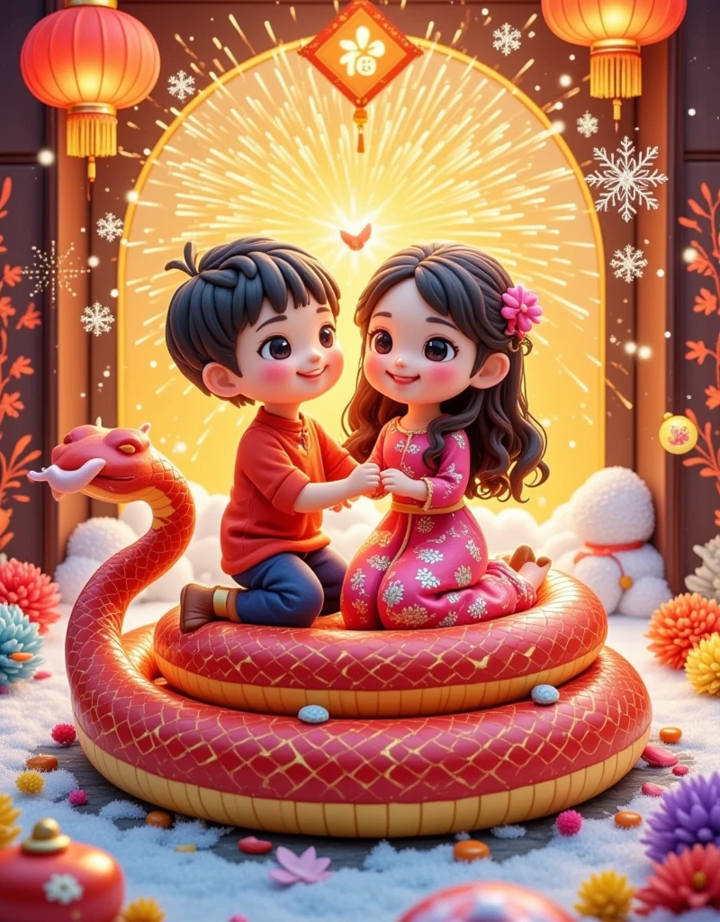 [Vision:1.0]，[Wide Angle:1.0]，masterpiece，（Boutique），Very detailed， looks super detailed ，Anthropomorphism，q version snake ，Big eyes， cute shape ， surrounded by special Chinese New Year gifts，New Year Elements ，The Chinese Year of the Snake ，Red Snake，fireworks，lantern，couplet，snowflake，Chibi，Cartoon，Tempera，illustration，Clay， High Contrast色调，Vivid colors，Complementary colors，Warm colors，Light and Shadow，Fresh and natural，fairy tale，Rich colors，Abstract composition，Fantasy atmosphere，Dreamy emotions，3d, C4D rendering, 8k, super high detail, Bright colors，Bright，RGB, Colorful)，(High contrast:1.5)，(whole body:1.8), Magazine Photography， Popular on social platforms ，((Dopamineism))，(((Dopamine color matching)))，Facing the screen，Dopamine color，High Saturation， High Contrast， High Definition ，8k，Dopamine，(in the style of Y2K)，Luo Erchun，Three-dimensional ancient style，Oriental Poetry and Painting