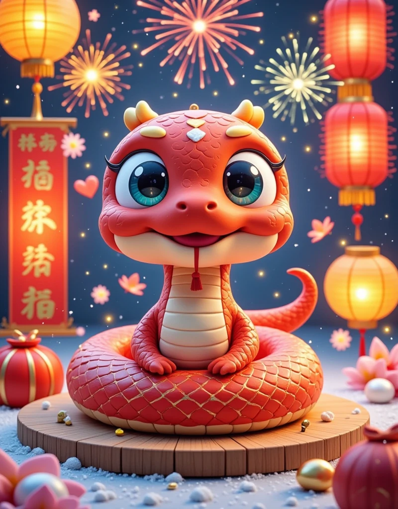 [Vision:1.0]，[Wide Angle:1.0]，masterpiece，（Boutique），Very detailed， looks super detailed ，Anthropomorphism，q version snake ，Big eyes， cute shape ， surrounded by special Chinese New Year gifts，New Year Elements ，The Chinese Year of the Snake ，Red Snake，fireworks，lantern，couplet，snowflake，Chibi，Cartoon，Tempera，illustration，Clay， High Contrast色调，Vivid colors，Complementary colors，Warm colors，Light and Shadow，Fresh and natural，fairy tale，Rich colors，Abstract composition，Fantasy atmosphere，Dreamy emotions，3d, C4D rendering, 8k, super high detail, Bright colors，Bright，RGB, Colorful)，(High contrast:1.5)，(whole body:1.8), Magazine Photography， Popular on social platforms ，((Dopamineism))，(((Dopamine color matching)))，Facing the screen，Dopamine color，High Saturation， High Contrast， High Definition ，8k，Dopamine，(in the style of Y2K)，Luo Erchun，Three-dimensional ancient style，Oriental Poetry and Painting