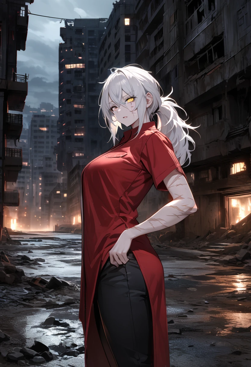 mature, golden eyes, looking at viewer, female, outskirts background, messy hair, very long white hair that reaches to her thighs, ponytail, parted lips, hair between eyes, standing, scar across eye, clear skin, slim, fit, from the side, night, missing right arm, abandoned city, tactical black pants, red shirt, black torn coat, scars on face