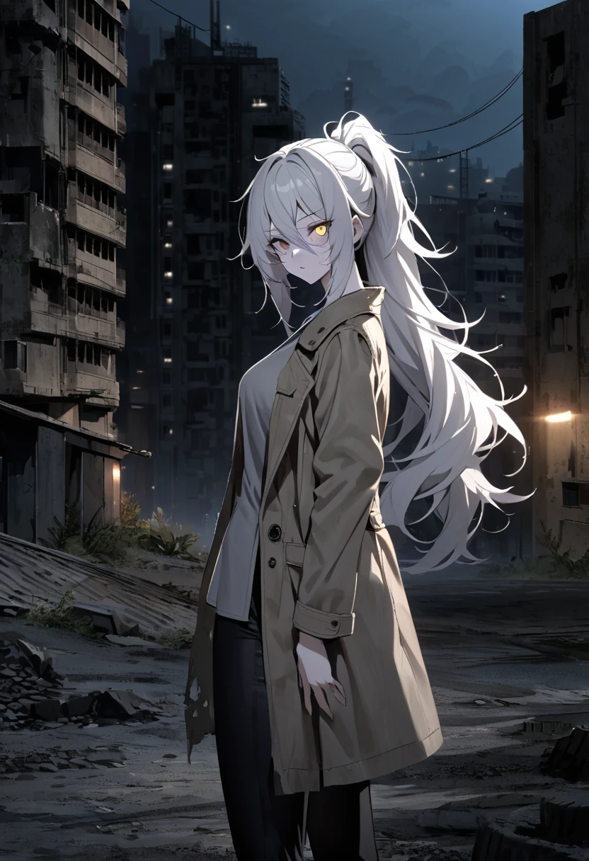 mature, golden eyes, looking at viewer, female, outskirts background, messy hair, very long white hair that reaches to her thighs, ponytail, parted lips, hair between eyes, standing, scar across eye, clear skin, slim, fit, from the side, night, missing right arm, abandoned city, black pants, gray shirt, brown torn coat
