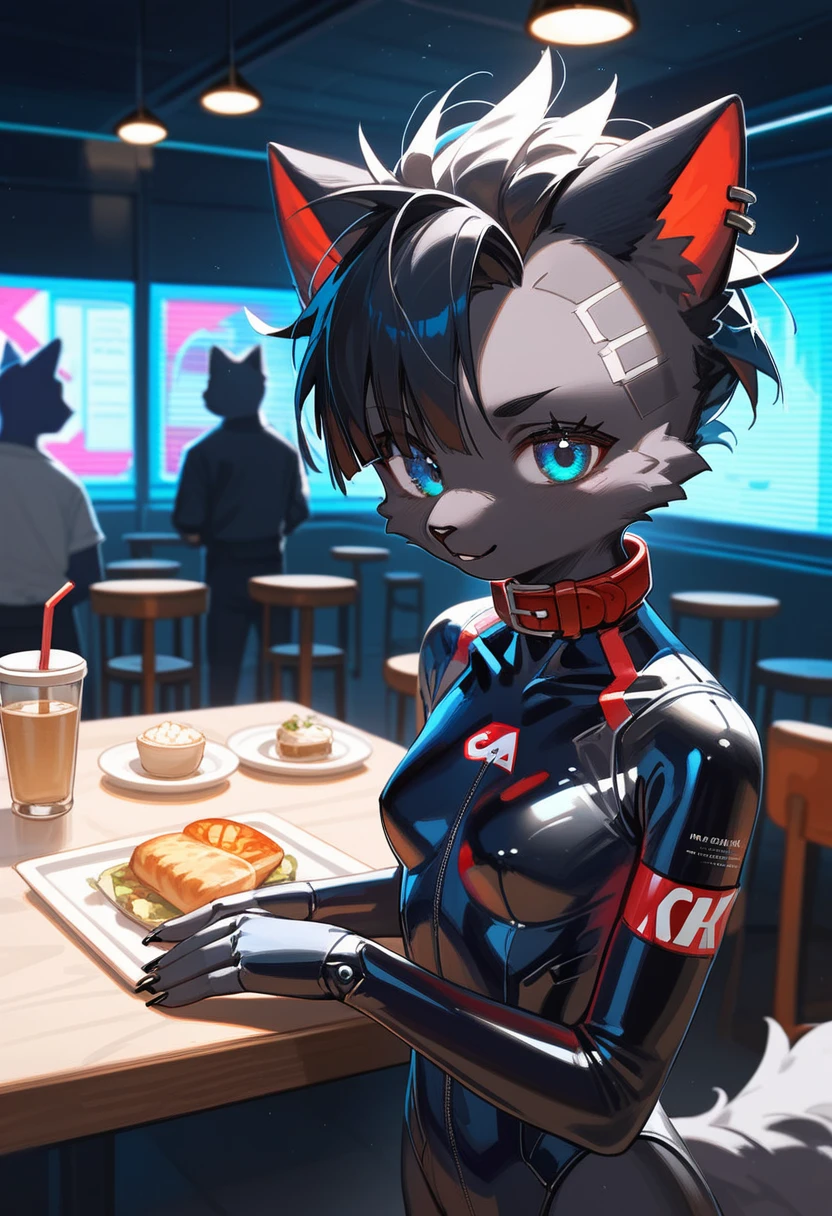 (masterpiece), highest quality, Perfect Face, Furry, Black cat, male, White pattern, Blushed, Rubber Suit, null bulge, Providing food and drink, Cafe, first round, ribbon, Manacles, restaurant