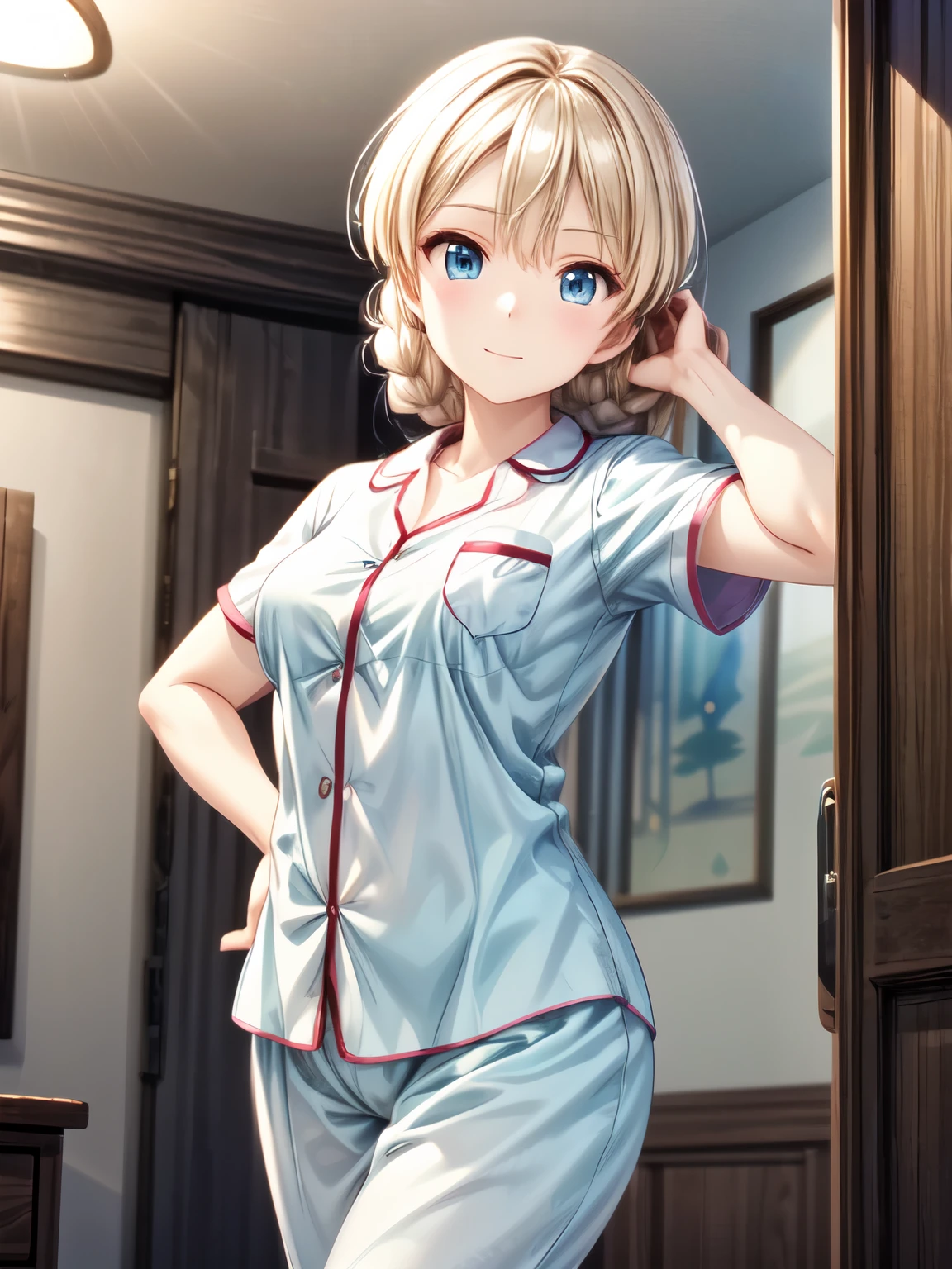 (masterpiece、Best Quality、detailed)、Closed Mouth、smile、One girl、solo、Darjeelin、( anime illustration style:1.2)、 blond hair, Blue eyes,indoor、bet、Long Hair、Attractive eyes、Half asleep、(Long pants、In pajamas:1.3),Hands behind head、Sharp pupils、 High Resolution 、 High Resolution 、 super fine painting,、(非常にdetailed、color、Sparkle)、(Genuine、Real、Realistic)、Small breasts、  High Resolution 、超 High Resolution 、 cowboy shot