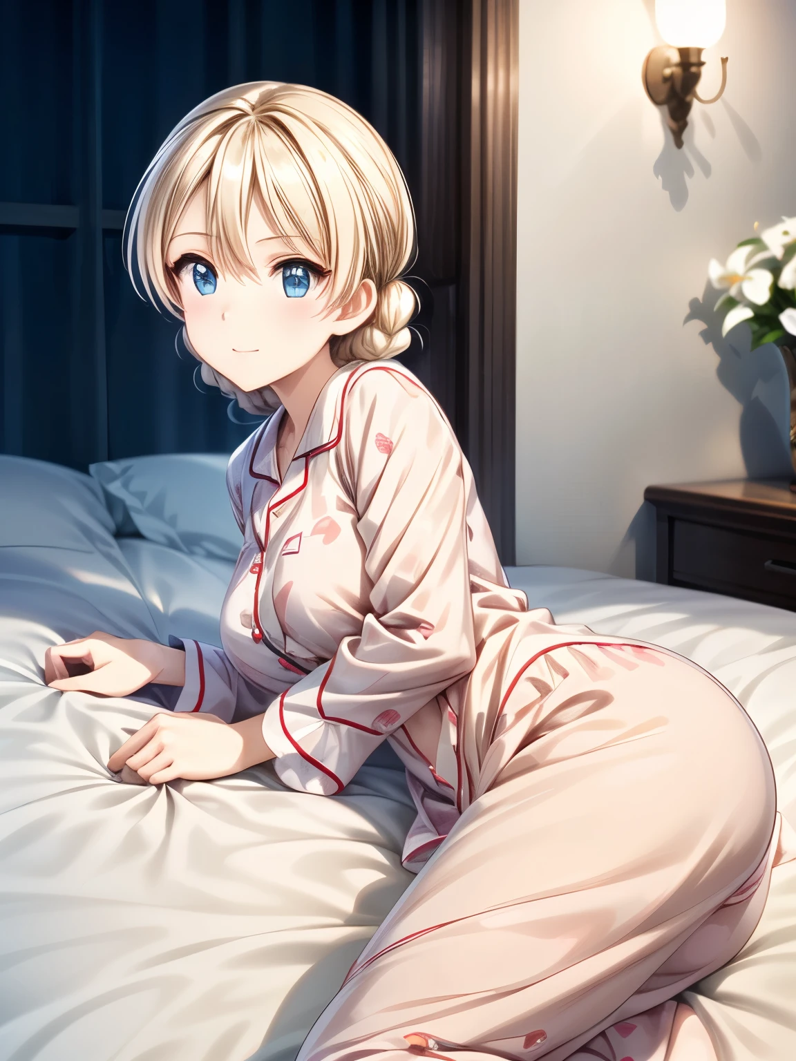 (masterpiece、Best Quality、detailed)、Closed Mouth、smile、One girl、solo、Darjeelin、( anime illustration style:1.2)、 blond hair, Blue eyes,indoor、bet、Long Hair、Attractive eyes、 lying down and sleeping、I'm falling asleep 、(Long pants、In pajamas:1.3),In pajamas、Sharp pupils、 High Resolution 、 High Resolution 、 super fine painting,、(非常にdetailed、color、Sparkle)、(Genuine、Real、Realistic)、Small breasts、  High Resolution 、超 High Resolution 、 cowboy shot