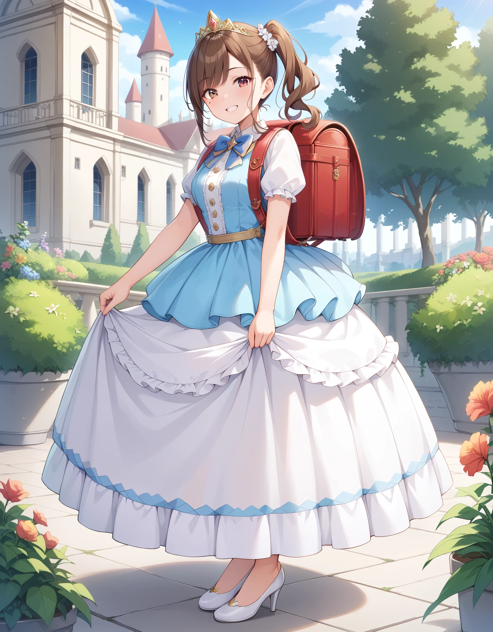 masterpiece, best quality, highres, 1girl, long hair, one side up, solo, ponytail, brown hair, short hair, brown eyes, mole under eye, cowboy shot,princess dress, princess Costume, colorful princess dress,bowtie, smile, frilled dress, tiara, castle, outdoor, garden, wearing randoseru backpack, red backpack , outdoor, day, fullbody, wearing white high heels