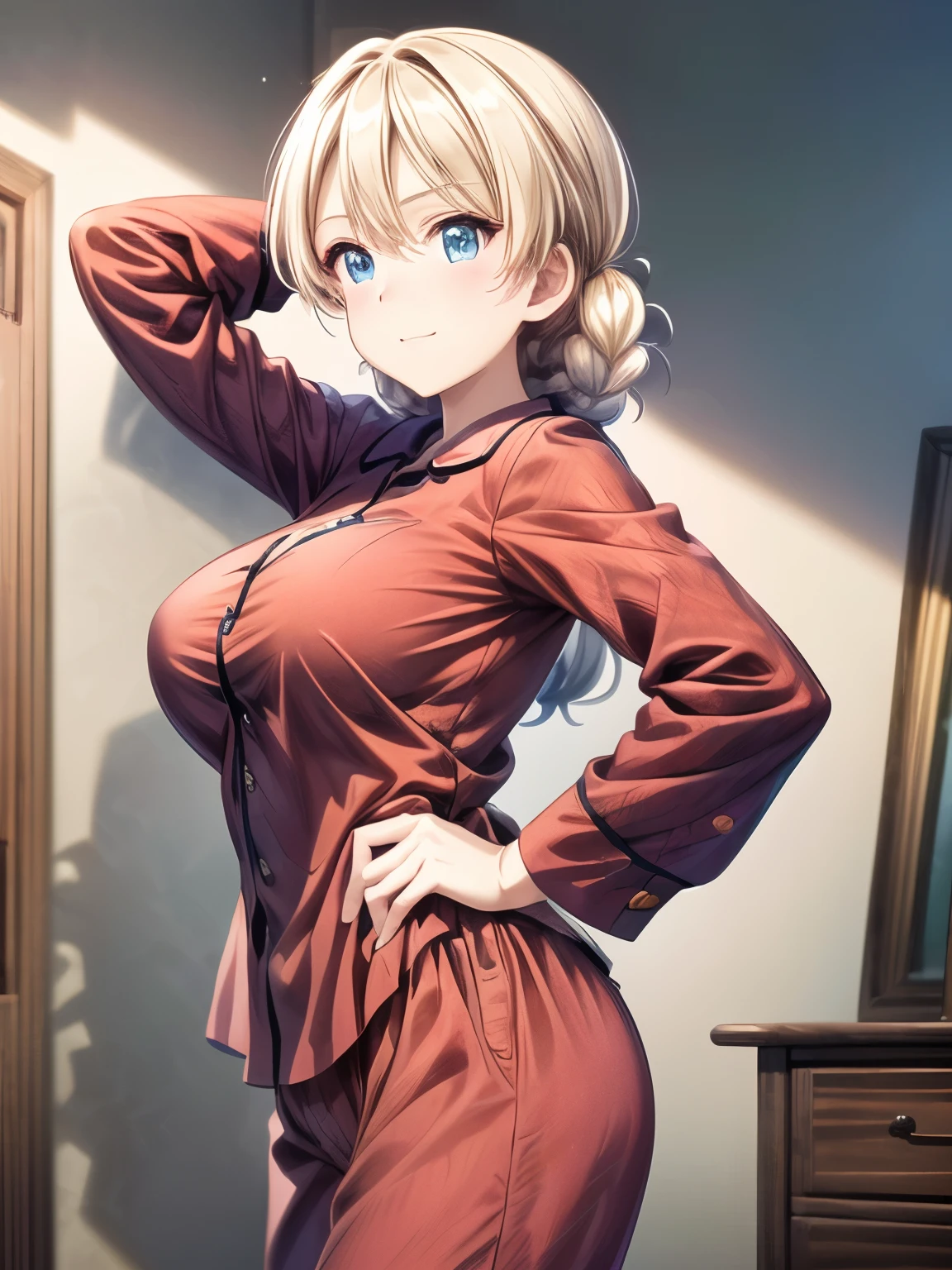 (masterpiece、Best Quality、detailed)、Closed Mouth、smile、One girl、solo、Darjeelin、( anime illustration style:1.2)、 blond hair, Blue eyes,indoor、bet、Long Hair、Attractive eyes、Half asleep、(Long pants、In pajamas:1.3),Hands behind head、Sharp pupils、 High Resolution 、 High Resolution 、 super fine painting,、(非常にdetailed、color、Sparkle)、(Genuine、Real、Realistic)、Small breasts、  High Resolution 、超 High Resolution 、 cowboy shot