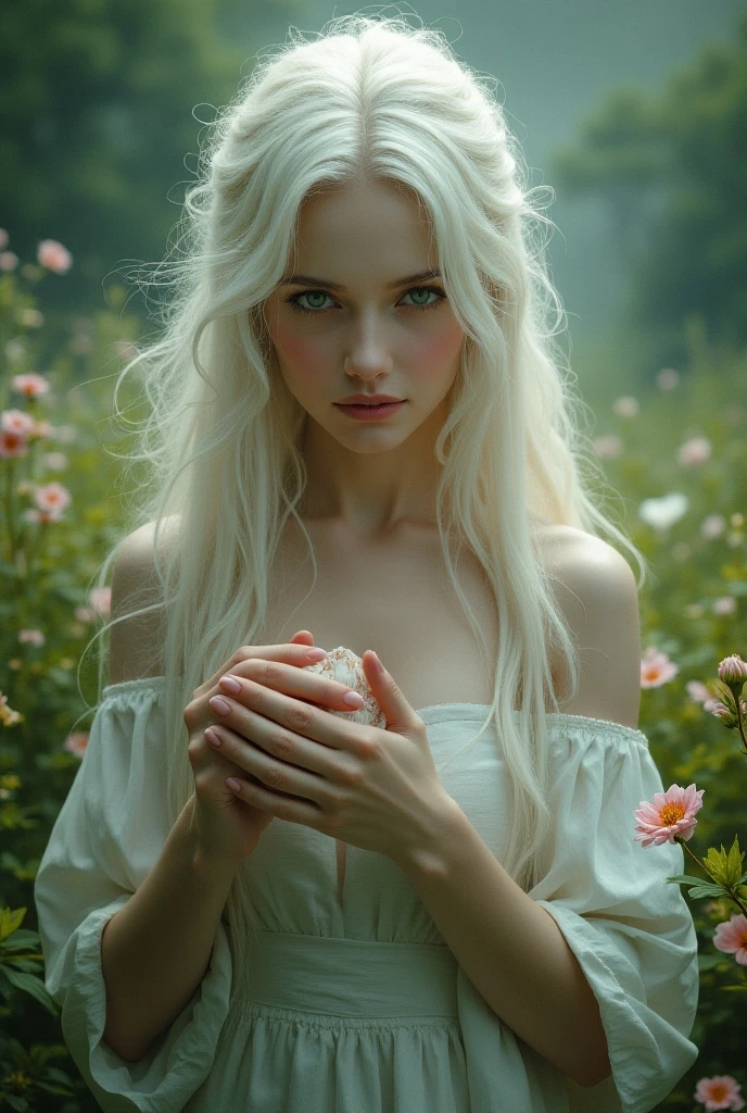 Feminine and elegant model with white hair and dark roots, she is 20 years old and has light green eyes. Eyes looking at the camera with seductive and confident face. Beautiful, healthy and nourished hair. Long and wavy hair. Very pale (white) skin. Brown eyebrows. Slim and small model body. Feminine and delicate face. Full lips. Long and beautiful eyelashes. He has a "diamond" type face. Chin slightly divided. Girl of Russian ethnicity. He has a perfect body, without physical anomalies. He has five fingers on each hand. Totally symmetrical body. Professional image. Half body image. full body image. Image developed in a forest full of trees. she wears a dress. He holds a flower in his hand. In the image it is raining, the girl is soaked by the rain. Wet hair and clothes. 8k image, detailed face. excellent image quality