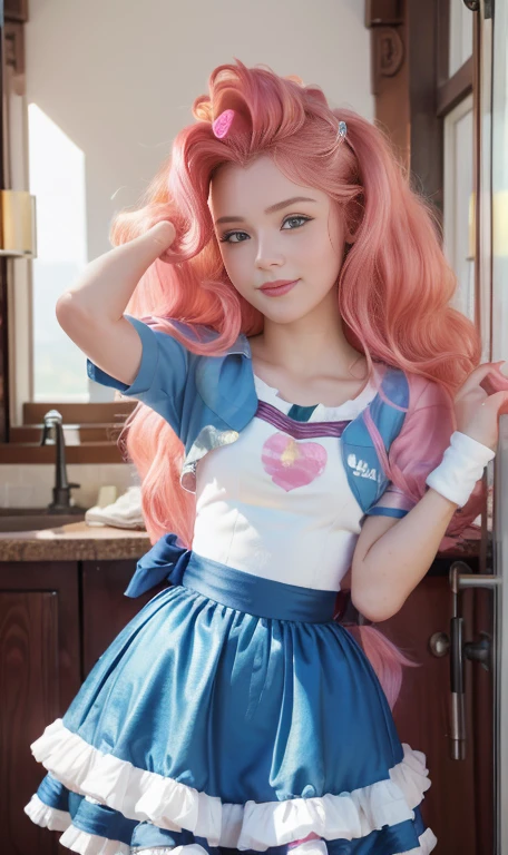 Photo of a 18 year-old American girl, .raw, beautiful woman, ((detailed face:1.2)), ((Detailed facial features)), (Piel finamente detallada), Pale skin , freckles on cheeks , blue eyes , small nose, 、a sexy one(color fresco), wet, wet, Reflectoreasutepiece) (proporciones perfectaotos realistas)(The best quality) (detailed) fotografiado con una EOS R5 de Canon, 50mm lens, f/2.8, NffSW, (8k) (wallpaper) (cinematic lighting) (Dramatic lighting) (sharp focus) (Convoluted) big breasts , big breasts ,Whole body , beautiful teenage body ,cute makeup , blue eye shadow, big smile ,fondo variado , fluffy pink hair , fluffy pink fur , mlp , Pinkie pie , Equestria girls , wears pinup dress , Wears beautiful blue pinup style dress , Beautiful smile , happy , foto Whole body , vailando , jumping ,happy