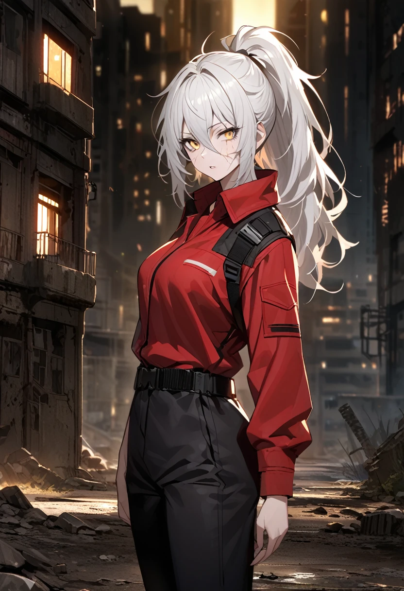 mature, golden eyes, looking at viewer, female, outskirts background, messy hair, very long white hair that reaches to her thighs, ponytail, parted lips, hair between eyes, standing, scar across eye, clear skin, slim, fit, from the side, night, missing right arm, abandoned city, tactical black pants, red shirt, black torn coat, scars on face