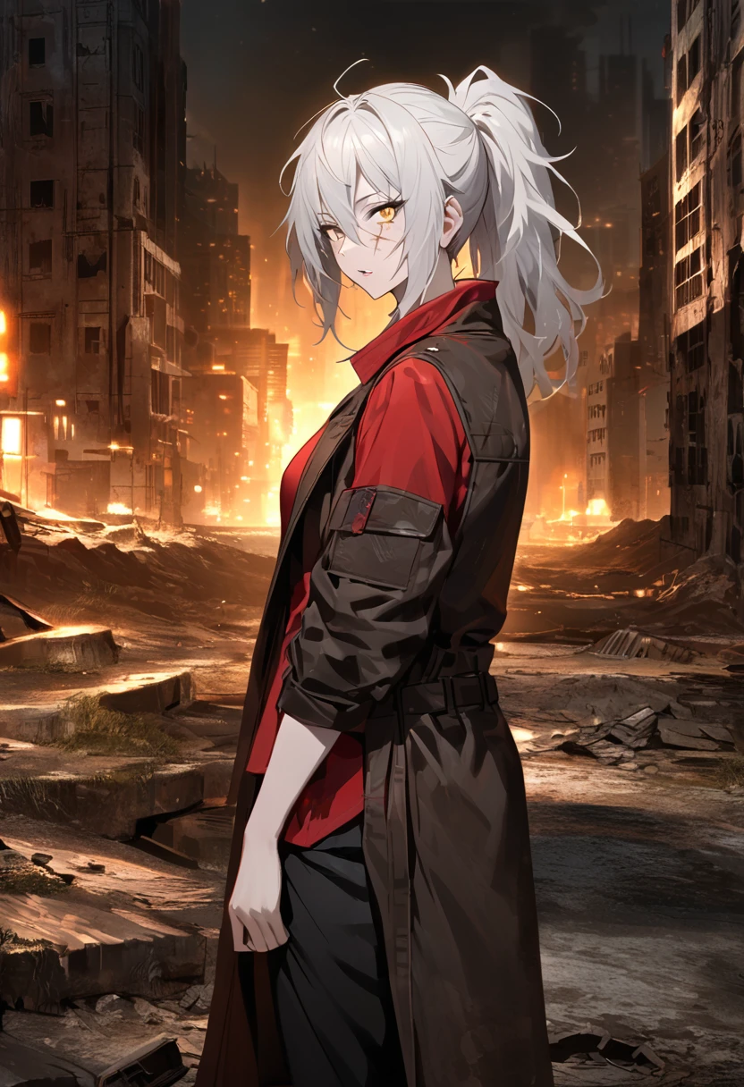 mature, golden eyes, looking at viewer, female, outskirts background, messy hair, very long white hair that reaches to her thighs, ponytail, parted lips, hair between eyes, standing, scar across eye, clear skin, slim, fit, from the side, night, missing right arm, abandoned city, tactical black pants, red shirt, black torn coat, scars on face