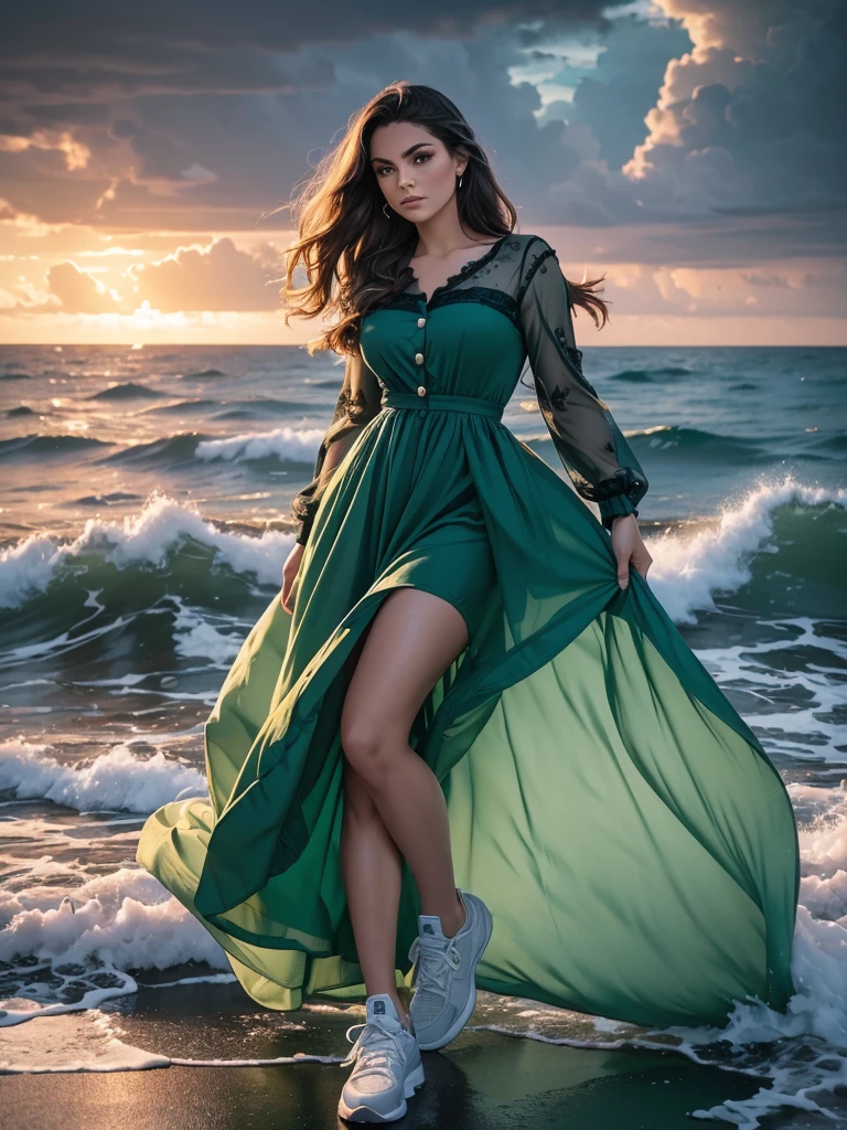 as( Change the color of Dressed in royal green the waves crash against the shore ,  their powerful energy is captured in a dress that embodies the turbulent nature of the sea. The summit, crafted from rich ,  deep blue velvet ,  reflects stormy waters . Beautiful eyes very detailed face very detailed.  The collar is blouse style , adding a touch of sophistication.  The buttons run halfway ,  giving the dress a dynamic look .  The long lace sleeves ,  in contrasting white ,  echoes the sparkling waves . High resolution 8k, The model,  tall, confident ,  exudes an ethereal beauty . Her makeup is daring,  that matches the intensity of the sea .  The dramatic seascape , } with its crashing waves and dark clouds ,  forms an impressive backdrop .
  Make the crossbar hold with the sneakers 