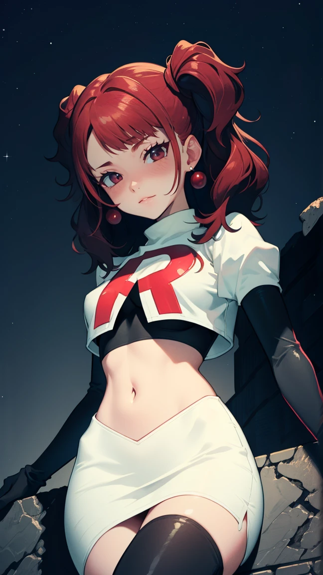 Rise Kujikawa (Persona) ,earrings ,lipstick, eye shadow ,team rocket uniform, red letter R, white skirt,white crop top,black thigh-high boots, black elbow gloves, evil villianess look, looking down on viewer, sitting ,crossed legged, night sky background