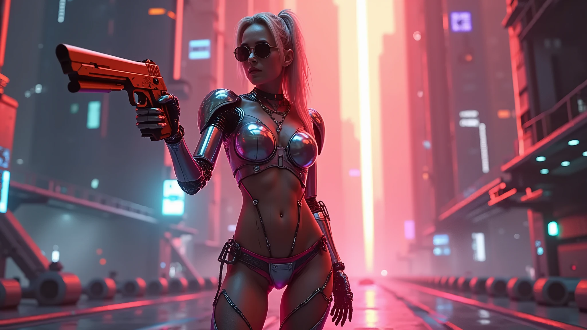 two-dimensional,Liberation shoes,female characters,standing posture,beach umbrella,neon lights头发,high ponytail,arm me,Focus on expression,energy bow,mechanical limbs,stealth drone,Liberation shoes,cyberpunk,Steampunk,fault art,Holographic projection,mechanical aesthetics,laser light,neon lights,fluorescence,glow effect,bioluminescence,Hermaphrodite Lighting,rainbow foil,Unreal Engine