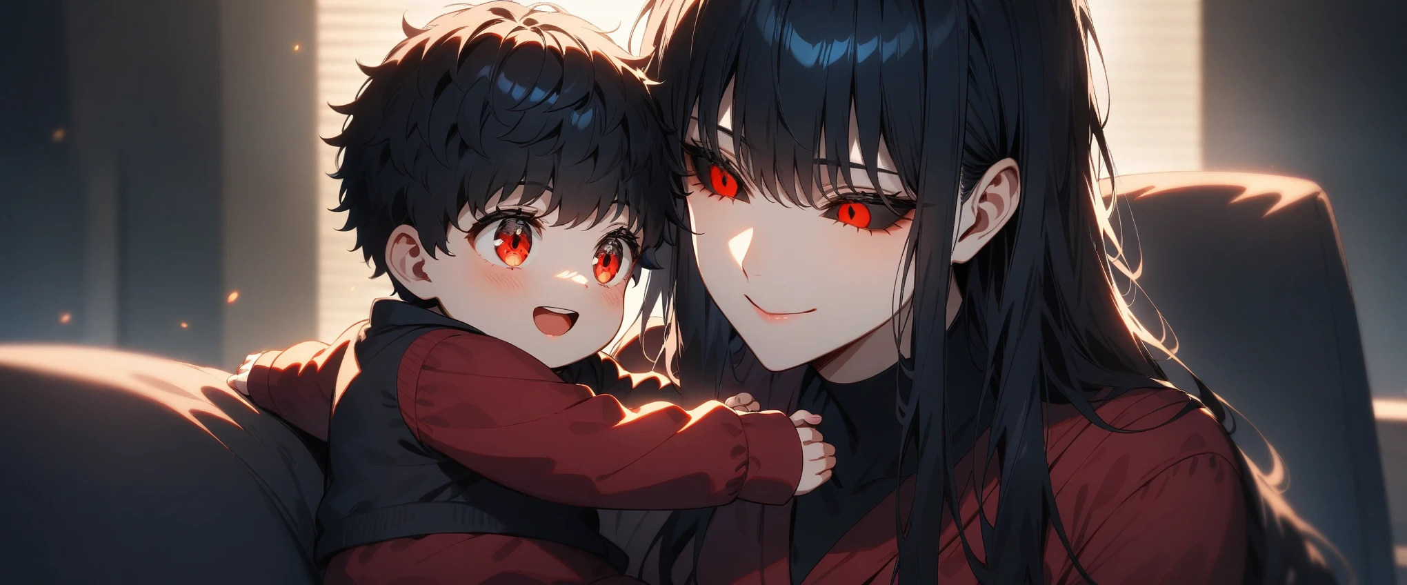 absurdres, highres, ultra detailed, HDR, masterpiece, extremely detailed face and eyes, large Family, 1woman, toddlers, Genos, ((Very Long black hair woman)), expressive red eyes, ((Black sclera's)), One Punch Man, 1woman, beautiful, dramatic lighting, mother with ren, ((cute blue black haired toddlers with red eyes )), loving moment, tender, smiling, playing together