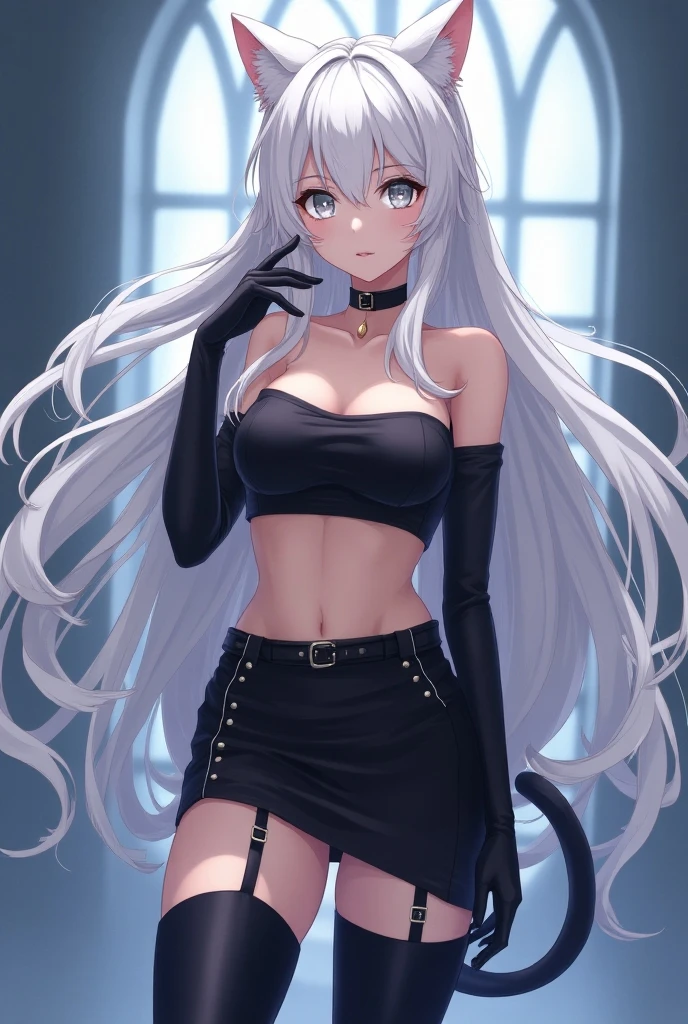 black pencil skirt, black long sleeve top, only the navel,Put your hands behind your back,restraints, White hair, Very long hair, straight hair, Cute, slender body, thin legs, Black thigh high stockings, Nylon stockings, hands in black leather handcuffs, hands, Connected by a chain, amrs togather, masochistic, whole body, on the knees, leather handcuffs, Calf Tattoo, large collar around the neck, 18 years, long eyelashes, mascara, cute face, Older, top to bottom bottom to top, hands behind your back, on the knees, submissive look, lying on the table, on the stomach, holding leash