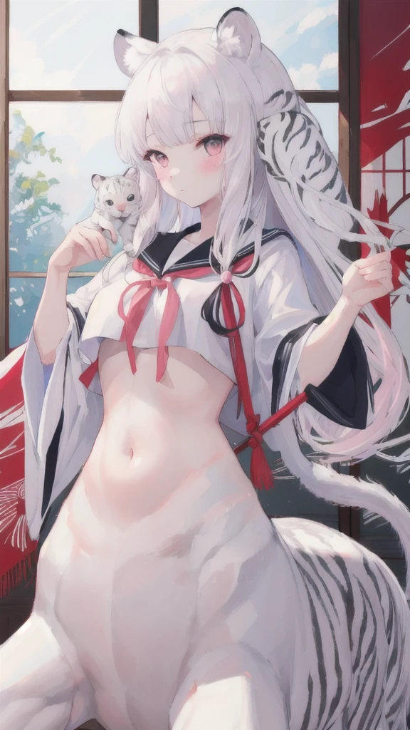 (best quality, masterpiece), 1 girl, centaur, It takes, White skin, Japanese , exposing the abdomen,belly button t-shirt, 아름다운 소녀 perfect white tiger photo, perfect white tiger photo