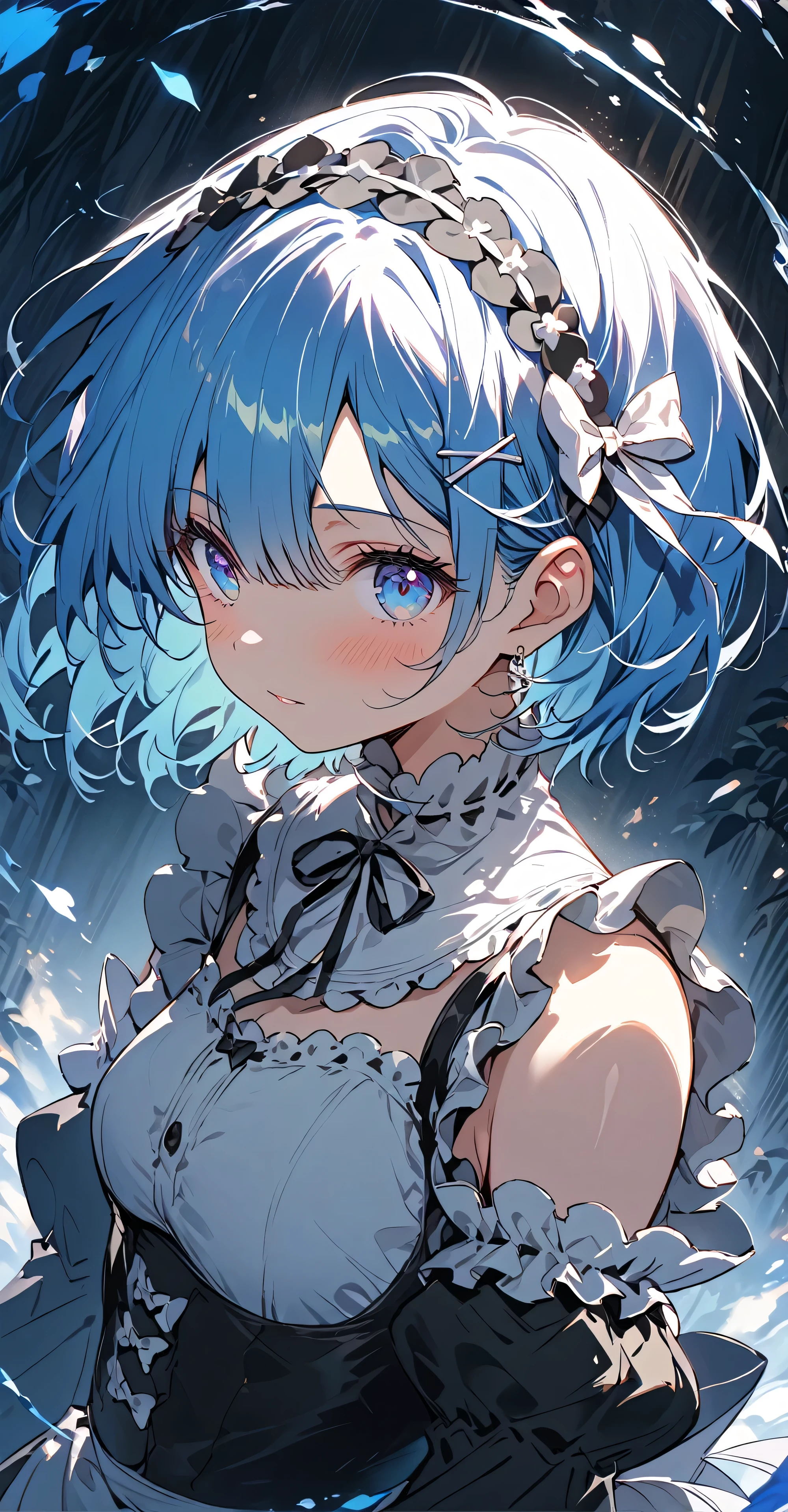 white background, glow colors, rem, blue eyes, blue hair, hair ornament, hair ribbon, short hair, x hair ornament, positive atmosphere

((masterpiece,highest quality)),One girl,Beautiful fine details, detailedな顔, (whole body:1.2), 1 girl, solo,a girl with short, light blue hair stands in a dimly lit, enchanted forest setting, with dappled sunlight creating soft highlights on her face and upper body. Her hairstyle is a bob cut, with bangs framing her face and a few strands tucked behind her ears. She wears a delicate headband adorned with small, translucent, petal-like decorations, which complement the mystical forest ambiance.

Her eyes are a deep blue, matching her hair and adding to the serene, almost melancholy expression on her face. A subtle blush on her cheeks adds a gentle warmth to her otherwise calm demeanor.

The girl is dressed in a black and white dress with gothic maid-like details. The bodice of the dress is fitted, with a lace-up design at the front, which gives it a corset-like appearance. The shoulders of the dress have intricate ruffles, and the sleeves are long and slightly puffed. Her collar is fastened with a small bow, which adds a touch of elegance and innocence. The white sections of the dress have a soft, almost silvery sheen, contrasting against the dark black fabric and contributing to a slightly ethereal look.

The background of the image is a dark, dense forest illuminated by soft blue light, creating an enchanted, dreamlike atmosphere. Rays of light filter through the trees, casting gentle shadows and highlighting the details on her clothing and hair. The image’s overall mood is calm, mysterious, and slightly melancholic, with the interplay of light and shadows emphasizing the girl’s serene expression and adding depth to the forest setting."

Black and white gothic maid dress. Rem. Re:zero
