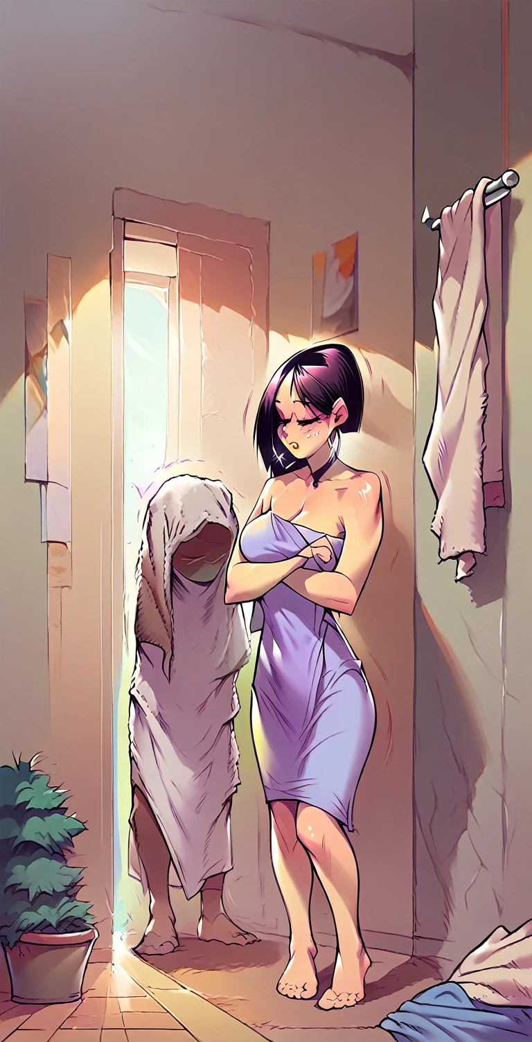 A girl in just a towel spying on her brother in his room 