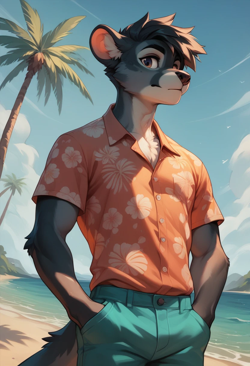 Artistic portrait work, appearance: Alone, furry, lobo, with Pompadour hairstyle, attire: a short, and Hawaiian shirt, background behind: playa, ocean, palm trees, pose: standing, hands in pocket, leaning on the edge of the wall, angle shot: half body.