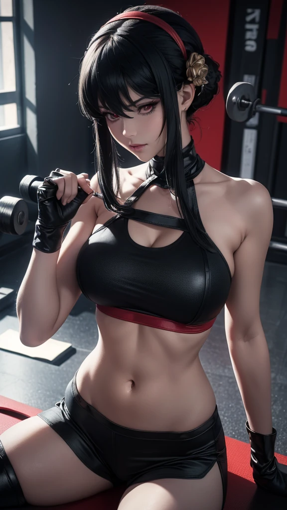 realistic 1.2, She at the gym, gym,   pose arms-up , hand behind head, red eyes, Yor Forger, anime, Spy X Family, ((cosplay de anime)), 1 girl, (milf), beautiful face, light face, ((Warm body)), (( wearing a black sports bra , black lycra shorts )), ((spyxfamily)), Spy X Family, (( dressed in gym clothes )), big breasts, vfx (Visual Effect)  highlights intricate anatomical features in a perfect way. sfx, complements visual art, Engaging the viewer. The level of detail is inspiring,  with meticulously crafted intricate elements ,  volumetric effects add depth and dimension , and the photorealism is unmatched. The image is rendered in 8K resolution,  ensuring super-detailed visuals .  Volumetric lighting adds a touch of magic ,  highlighting her beauty and aura in a supernatural way .  A high dynamic range technology  (HDR) makes the cores stand out, adding richness to the overall composition. Finally, this art presents an unreal portrait.