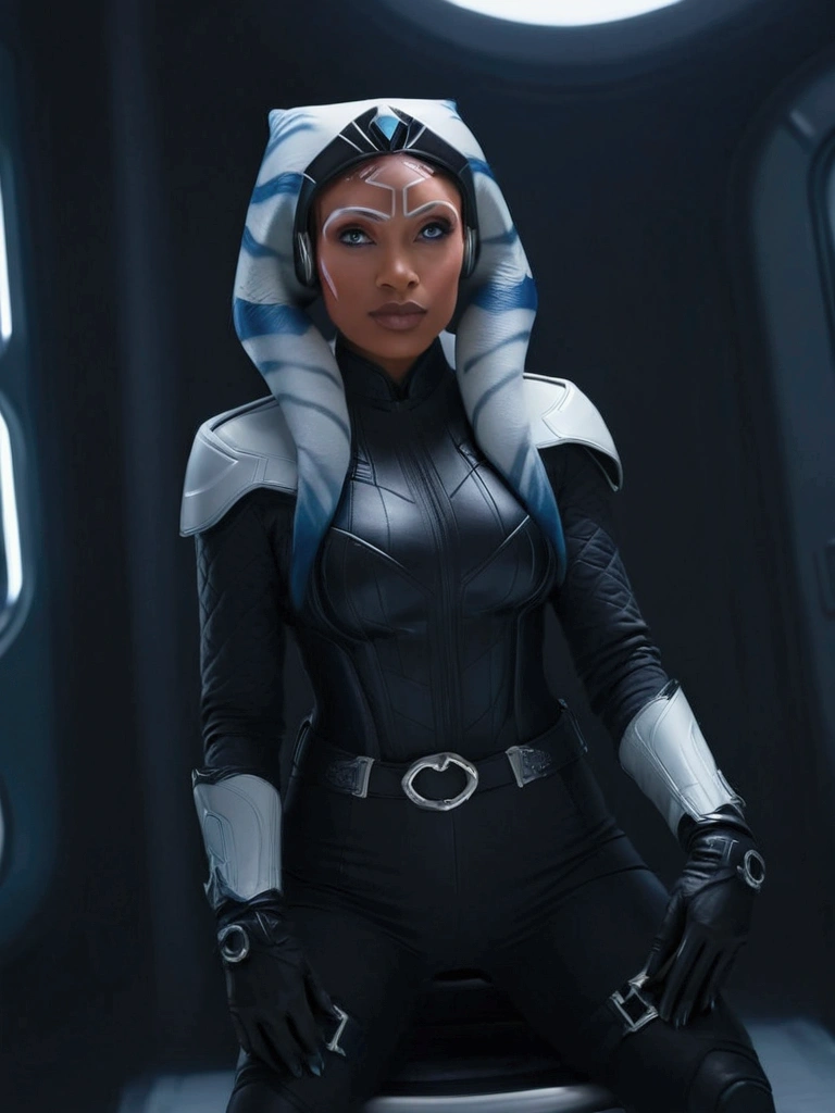 Aahsoka and ((￼ silver eyes)) sits confidently on a modern-looking chair. She is dressed in a black latex  military uniform that includes a rank plate with 6 blue squares on the top and 6 red squares on the bottom. She is wearing a black cape that falls over one of her shoulders. Her expression is serious but relaxed, with a slight smile. The . The lighting is dim, with lights in red and blue tones that highlight hegure, especially her face. She is wearing black gloves and tall boots, with one leg crossed over the other. The scene conveys authority and power, set in a futuristic or space environment, probably inside a ship or station. Everything is depicted in a comic-like drawing style, with bold lines and vibrant colors that reflect a typical comic book aesthetic.
