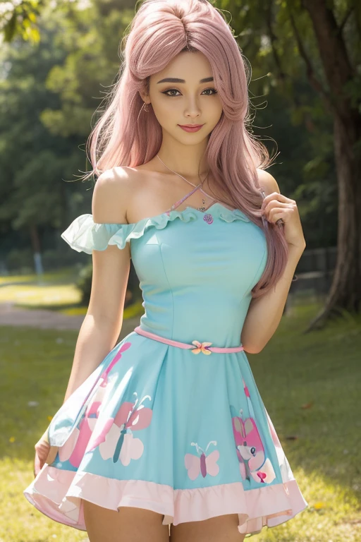 (The best quality, 4k, 8k, High Resolutions, masterpiece:1.2), ultra detailed, detailed face, Detailed lips and eyes..........., cute makeup , attractive appearance, expressive face, realist,
BREAK   ,Beautiful Caucasian woman with shoulder length messy wavy pink hair, , big blue eyes, clear skin, slim and athletic, hair that covers one eye,
BREAK  (dynamic pose),  big breasts , excited expression, Soft sunlight illuminating the scene, Subtle movement of the wind in the hair, happy expression, gloomy atmosphere, kindly, Natural lighting that emphasizes your features..........., Subtle shadows that add depth and dimension to the image..........., (maduro)  noisy, mlp Fluttershy  , long pink fur , pink hair  , ELEGANT DRESS , low-cut dress , neckline  , big breasts , forest , butterflies , Whole body , happy  ,1 patient , medium breasts , forest , sunny day , cute animals, country clothes , tiene un adorno con figura de mariposa en el cabello , alegre , linda sonrisa , outfit casual , lindo vestido , posición cow girl , sexy , alegre , linda sonrisa 