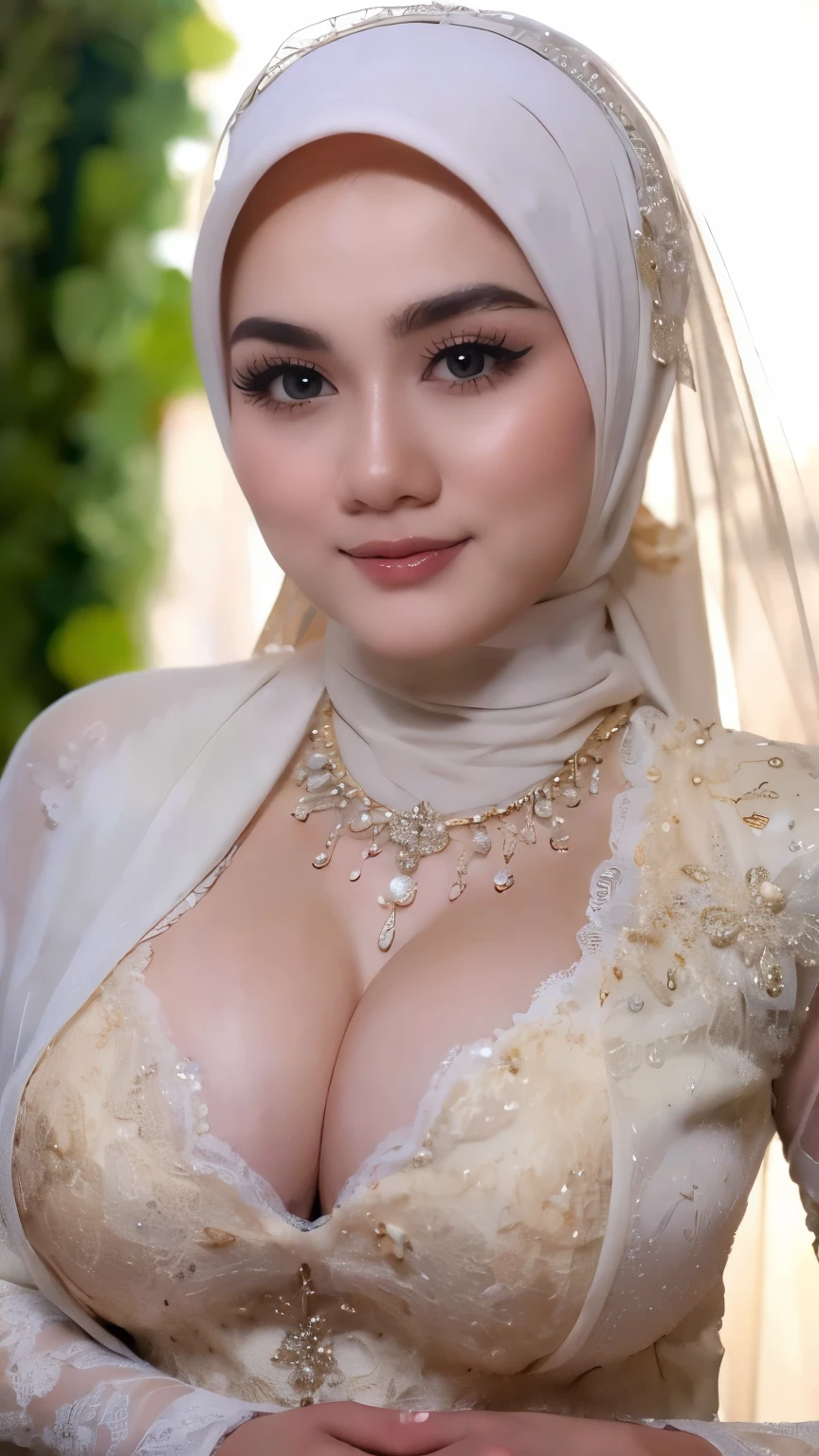 Hyper realistic, Beautiful young nude hijab girl, luxury necklace, White Skin, Perfect Potrait, Bokeh Effect, Look at camera, ((adorable:1.2)), ((masterpiece:1.1)), ((bokeh:1.2)), (dynamic seducing pose), seductive smile, flirting eyes,Clear focus: 1.2, 1 indonesian hijab girl, perfect bride,Super fine face, fine eyes, double eyelids((Realistic lighting, Best quality, 8K, Masterpiece: 1.3, hyper realistic)), Clear focus: 1.2, 1 indonesian hijab girl, georgeous nude wedding dress, white silver hijab, slightly chubby, detailed ((see through breast)) , medium rounded breast, open breast, breast out, lace material, (outdoor, day light: 1.1), beautiful garden of flowers background, Super fine face, fine eyes, double eyelids, naughty smile, 