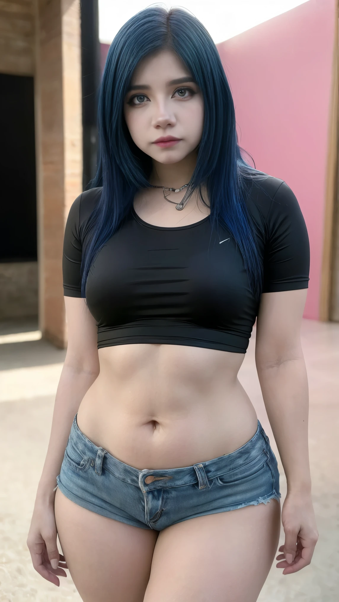 Any Cemar,18 year old,blue hair,pink eyes,cute pose,D.Va,very short shorts,crop top,open button,thick thighs,wide hips,sunny day,under,open button jean shorts,(best quality,4k,8k,highres,masterpiece:1.2),ultra-detailed,(realistic,photorealistic,photo-realistic:1.37),HDR,UHD,studio lighting,ultra-fine painting,sharp focus,physically-based rendering,extreme detail description,professional,vivid colors,bokeh,portraits,landscape,horror,anime,sci-fi,photography,concept artists,pink color tone,soft lighting