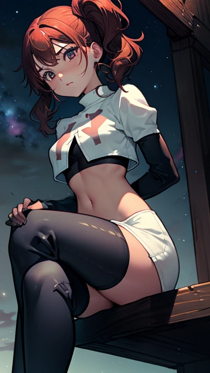 Rise Kujikawa (Persona) ,earrings ,lipstick, eye shadow ,team rocket uniform, red letter R, white skirt,white crop top,black thigh-high boots, black elbow gloves, evil villianess look, looking down on viewer, sitting ,crossed legged, night sky background