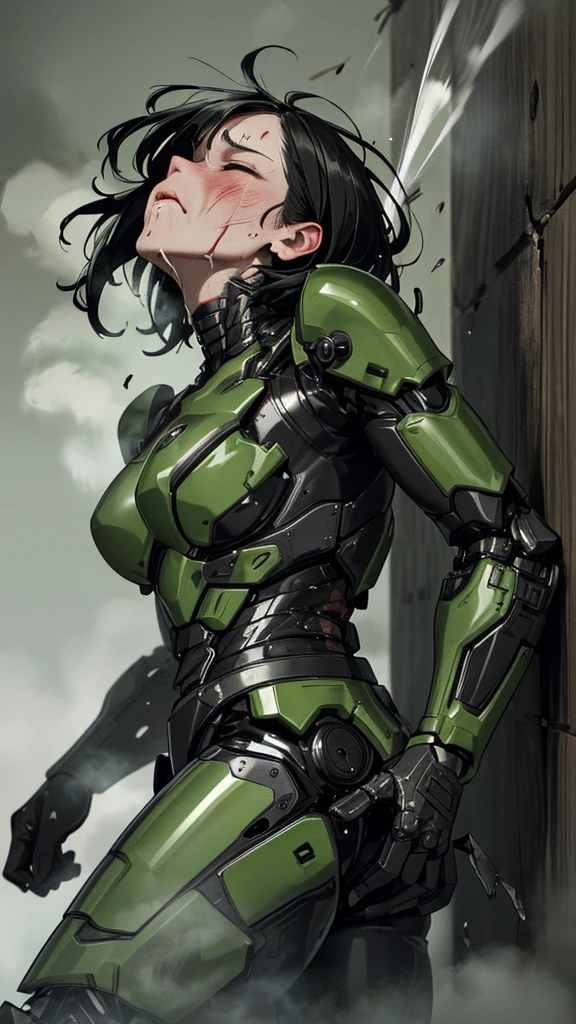 ,   very detailed, Advanced Details,  High image quality , 最 High image quality ,   High Resolution  , 1080P 、 smoke coming out of the wound  　Green Armor、  wearing green and black clothes 、cute((全身のSerious damage))(  injured woman in robot suit ...)()(Broken Armor)((  cracks are spreading  ))(Black  smoke coming out of the wound  )  Black Hair 、  boyish short hair、Torn Armor、  wet hair  、Close your eyes　Faint with mouth open、(Steam coming from the body)Sweaty face、It hurts again、Serious damage、saliva splashes out of her mouth 、saliva dripping from the mouth、female college student　walk short distance　首のあたりが露出していない injured woman in robot suit  　( steam coming out of her face ) (( black smoke coming out of the wound  )) look up　saliva　( Rear view )   being slammed against a wall 　The chest is exposed　Armor is peeling  