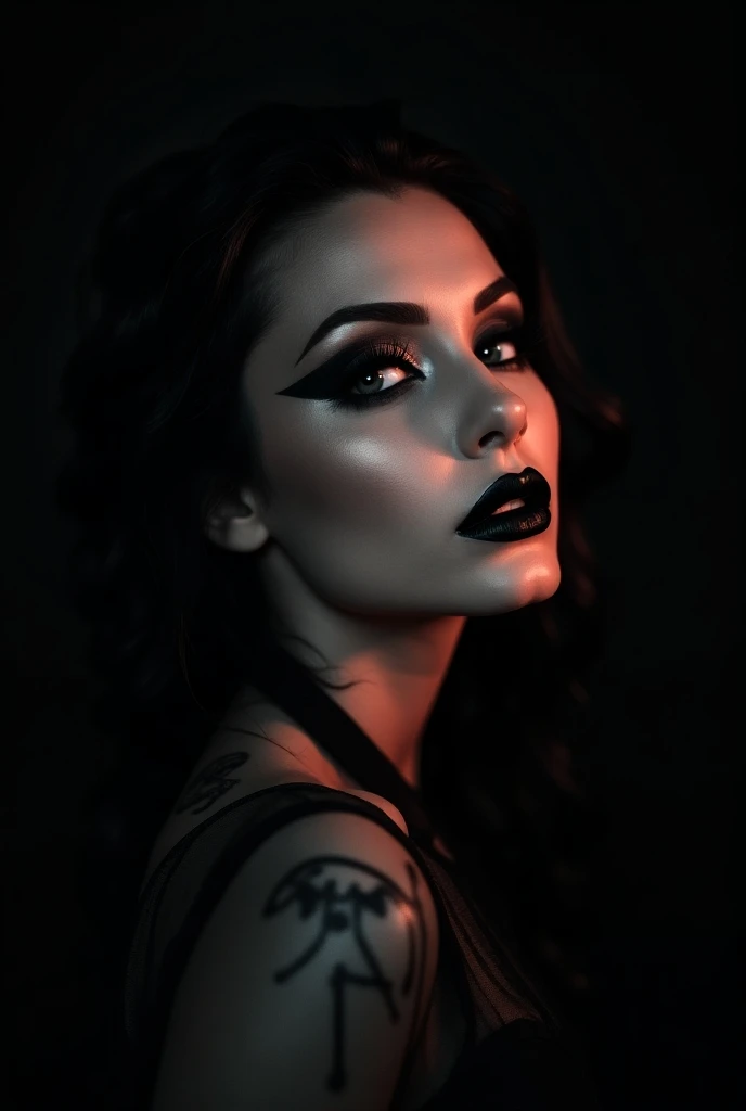 (best quality, hyperdetailed photography:1.2), beautiful italian lady, ((dark black lipstick)), freckles, gothic makeup, soft light, curvy figure, head and breast portrait, cover, (detailed beautiful face, detail skin texture, ultra-detailed body:1.1) sexy vampire women, full body photography, with black elegant and sexy dress