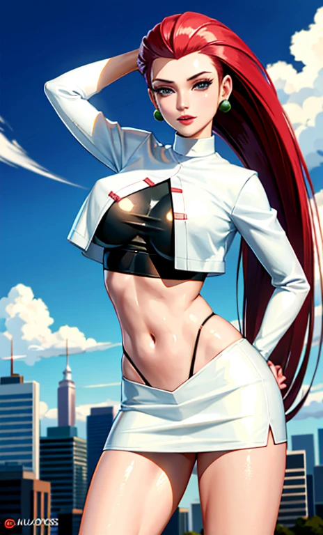 (best quality, highly detailed:1.3), (masterpiece:1.3), ((official art)), detailed face, beautiful face, (detailed eyes, perfect eyes, deep eyes), (1girl:1.33, solo), full body, jessie\(pokemon\), (very long hair, small breasts, narrow waist, red hair, hair slicked back:1.2), (cyan eyes), earrings, grin, team rocket, team rocket outfit, white crop-top, white miniskirt, midriff, navel, black elbow gloves, black thighboots, action pose, cowboy shot, (dynamic pose, dynamic angle, city, detailed background:1.2) <lora:jessie:0.8>