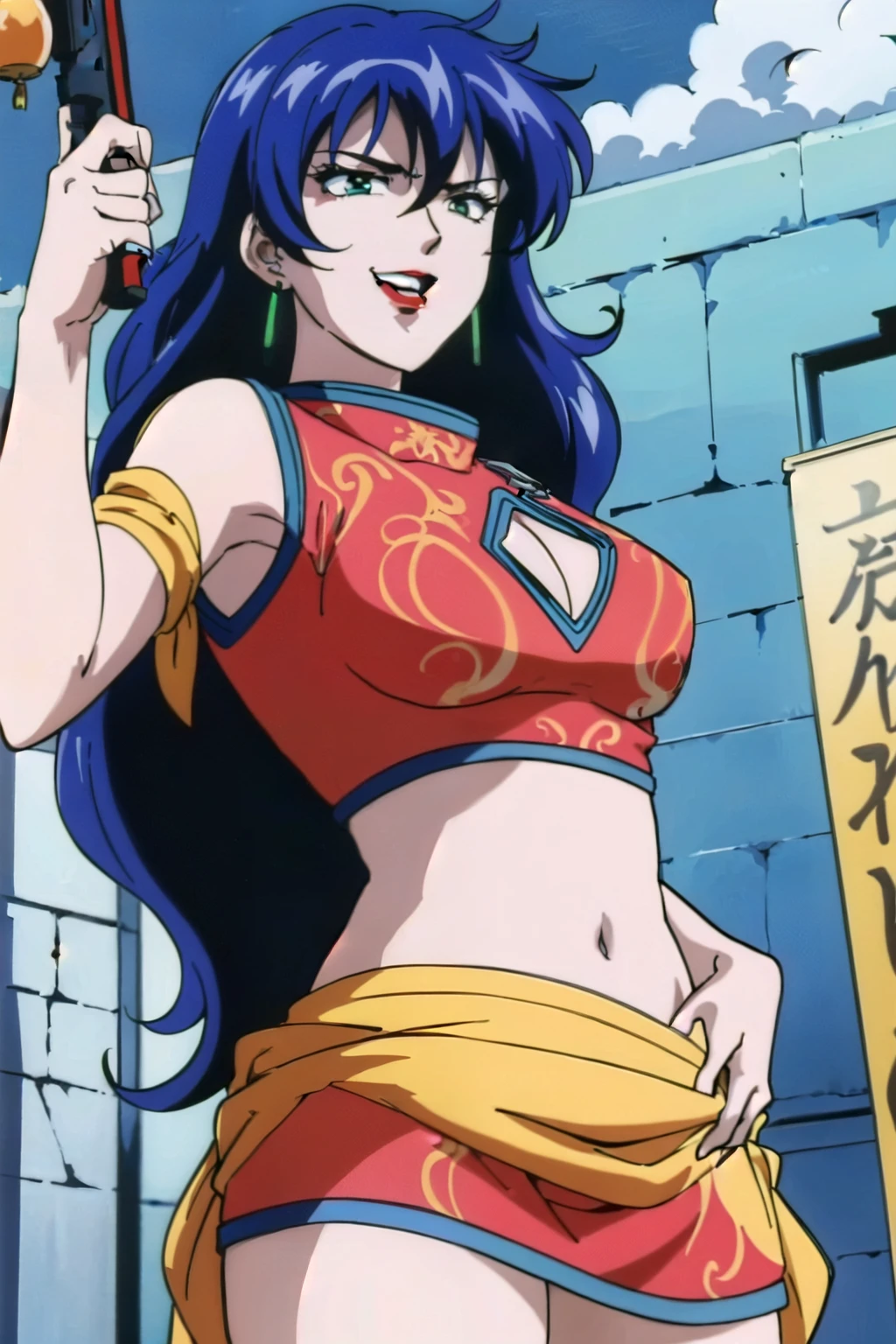 1girl,,retro artstyle,1990s \(style\),shan,blue hair,green eyes,lipstick,long hair,earrings,makeup, evil grin,, long hair, earrings, red lips, large breasts, ear piercing, long hair, blush, lipstick,Hot girl, baddie, smoking, sensual, attractive , masterpiece, best quality, highly detailed, a anime girls in china dress with navel cutout , navel
cutout, crop top, china dress, ecchi anime style, evil smile, open mouth, smile, anime girls, ecchi
style, ecchi, digital anime art!!, in anime style, official artwork, (nsfw) not safe for work, beautiful
anime girl, anime style 4 k, pelvic curtain, exposed belly, exposed navel, exposed midriff, exposed
lower belly, holding a gun, chinatown, holding pistol,outdoor,street,road