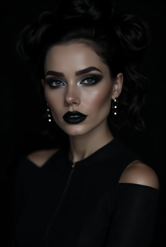 silver eye color, açık beyaz tenli, lips with black lipstick, black eye contour makeup, 22 year old woman with black hair and updo