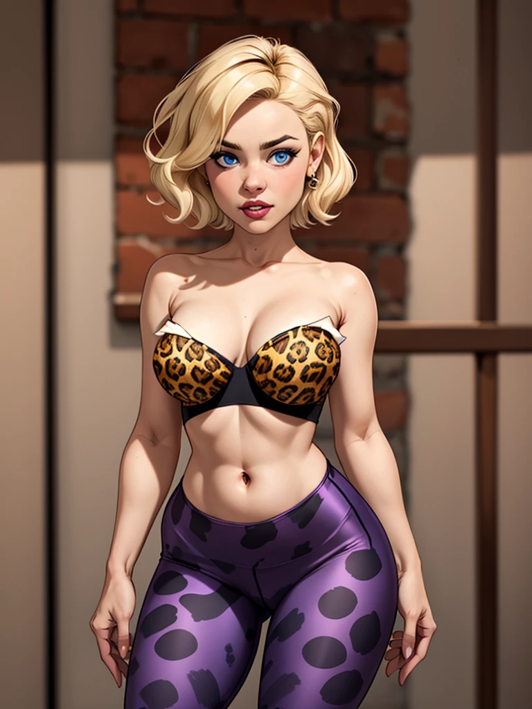 Girl with short blonde hair, blue eyes, wearing a white tank top with a plunging neckline showing her leopard print bra, showing her belly, wearing short denim shorts, wearing a pink feather