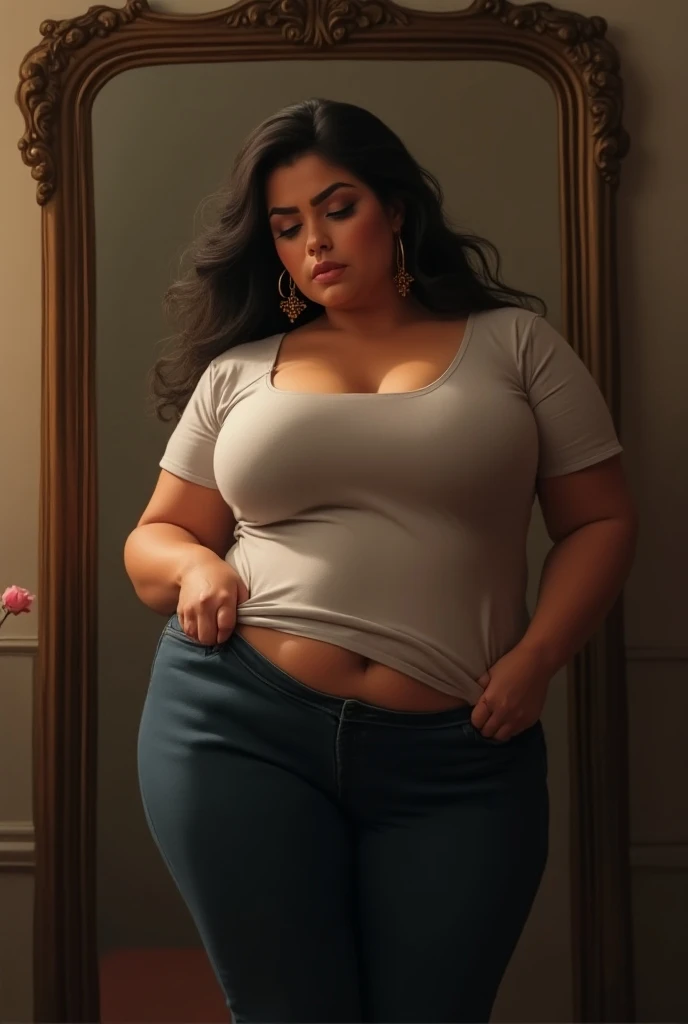 body photo, beautiful detailed, cute face, cute mexican teen, slightly chubby, short black hair, black hair over one eye, long sleeve plain T-shirt, long pants, fat curvy wide hips, solo, voluptuous breasts,