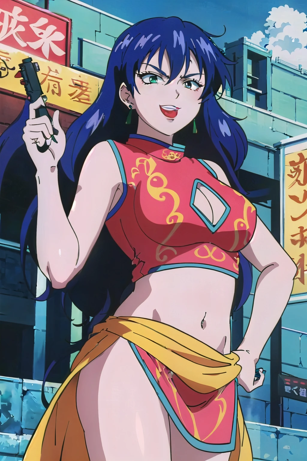 1girl,,retro artstyle,1990s \(style\),shan,blue hair,green eyes,lipstick,long hair,earrings,makeup, evil grin,, long hair, earrings, red lips, large breasts, ear piercing, long hair, blush, lipstick,Hot girl, baddie, smoking, sensual, attractive , masterpiece, best quality, highly detailed, a anime girls in china dress with navel cutout , navel
cutout, crop top, china dress, ecchi anime style, evil smile, open mouth, smile, anime girls, ecchi
style, ecchi, digital anime art!!, in anime style, official artwork, (nsfw) not safe for work, beautiful
anime girl, anime style 4 k, pelvic curtain, exposed belly, exposed navel, exposed midriff, exposed
lower belly, holding a gun, chinatown, holding pistol,outdoor,street,road