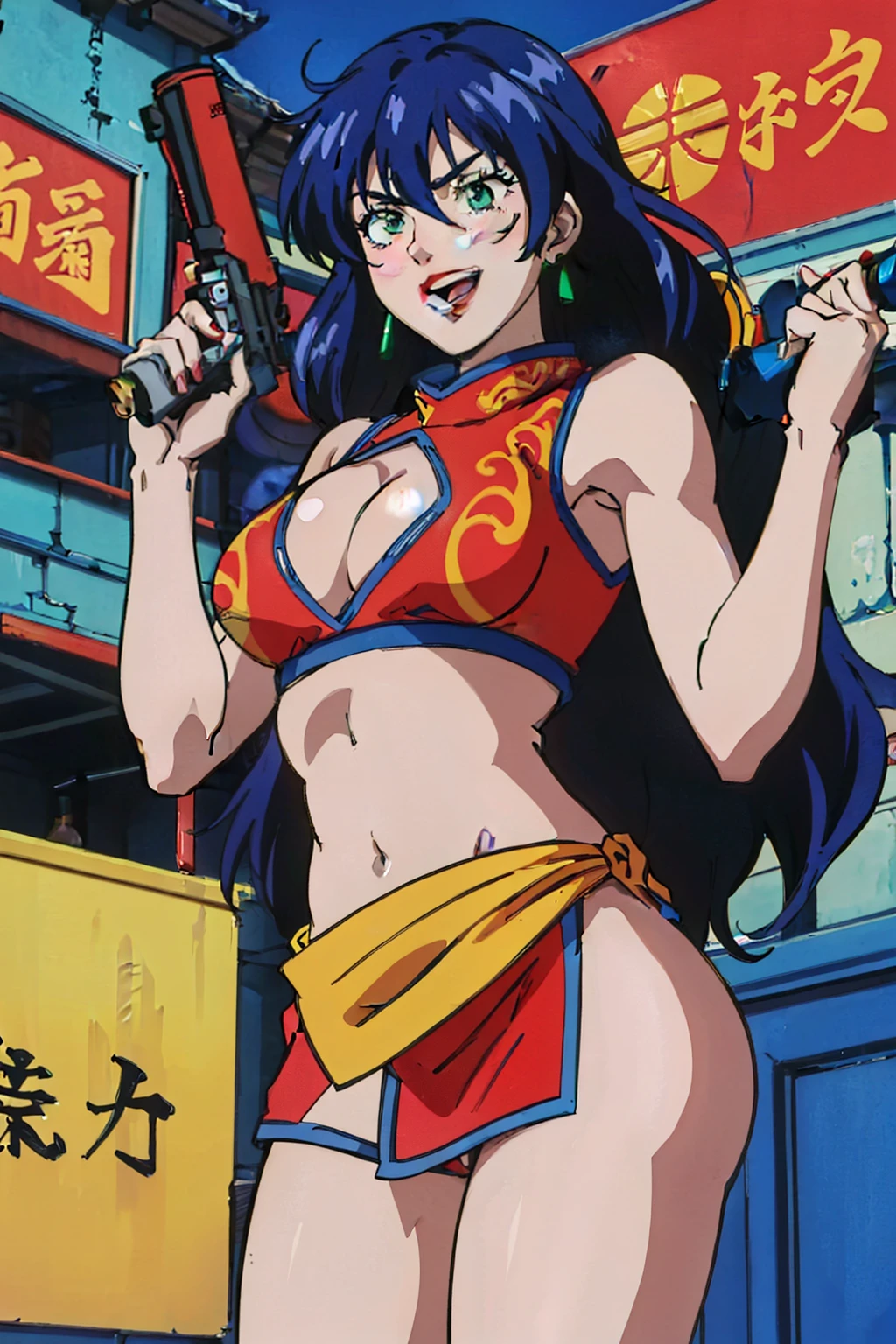 1girl,,retro artstyle,1990s \(style\),shan,blue hair,green eyes,lipstick,long hair,earrings,makeup, evil grin,, long hair, earrings, red lips, large breasts, ear piercing, long hair, blush, lipstick,Hot girl, baddie, smoking, sensual, attractive , masterpiece, best quality, highly detailed, a anime girls in china dress with navel cutout , navel
cutout, crop top, china dress, ecchi anime style, evil smile, open mouth, smile, anime girls, ecchi
style, ecchi, digital anime art!!, in anime style, official artwork, (nsfw) not safe for work, beautiful
anime girl, anime style 4 k, pelvic curtain, exposed belly, exposed navel, exposed midriff, exposed
lower belly, holding a gun, chinatown, holding pistol,outdoor,street,road