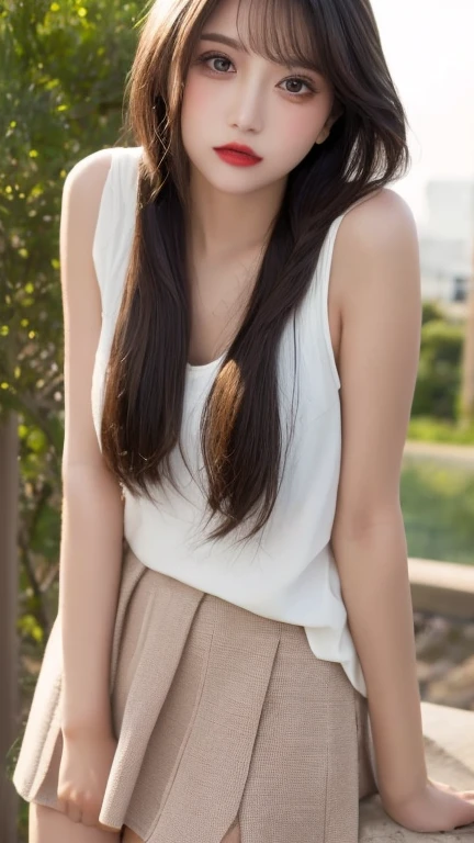 Open shirt, (((Leaning forward))), ((,Round face, Around 17 years old,mini skirt、loose tank top)),  Long Hair, , Natural Makeup, Lips become thicker, Sexy Gaze, barefoot, ((Raise one leg)),  Shooting from below,Gentle expression ,((Extremely precise and accurate anatomy)),  (masterpiece:1.43), Perfect proportions, Realistic photos, Full Shot, whole body, (height: 165cm), 