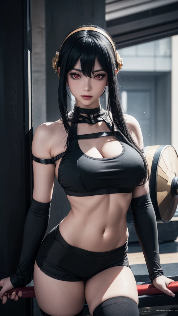 realistic 1.2, She at the gym, gym, red eyes, Yor Forger, anime, Spy X Family, ((cosplay de anime)), 1 girl, (milf), beautiful face, light face, ((Warm body)), (( wearing a black sports bra , black lycra shorts )), ((spyxfamily)), Spy X Family, (( dressed in gym clothes )), big breasts, vfx (Visual Effect)  highlights intricate anatomical features in a perfect way. sfx, complements visual art, Engaging the viewer. The level of detail is inspiring,  with meticulously crafted intricate elements ,  volumetric effects add depth and dimension , and the photorealism is unmatched. The image is rendered in 8K resolution, ensuring super detailed visuals.  Volumetric lighting adds a touch of magic ,  highlighting your beauty and aura in a supernatural way .  A high dynamic range technology  (HDR) makes the cores stand out, adding richness to the overall composition. Finally, this art presents an unreal portrait.