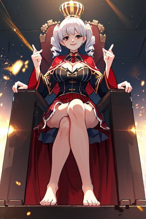 Cheems_platform_v3, smile, sitting on the throne, underneath,  barefoot sex twin drills,   striped thighs, cleavage,  big breasts, crown,  volumetric lighting , particles of light ,  Looking at the spectator , this. Mesmerized white eyes , short red skirt, controlled, smirk, (disc-shaped eyes, black eyes),