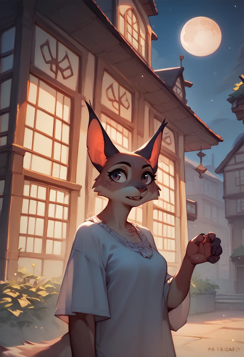  masterpiece, Alone, 1girl, furry, FE, wearing a blouse, with medium long straight hair, and eyelids made up in black,.. pose: stop, looking around, medium moon,  buildings , houses, low night background lighting.