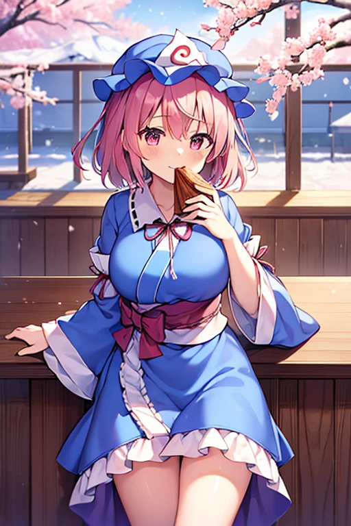 1Girl、 Cherry tree、 Abandoned school building、 ,, megurine luka, blue eyes, long hair, pink hair,、 big breasts、 nsfw, naked, sea, cooking, hair band、 ramen