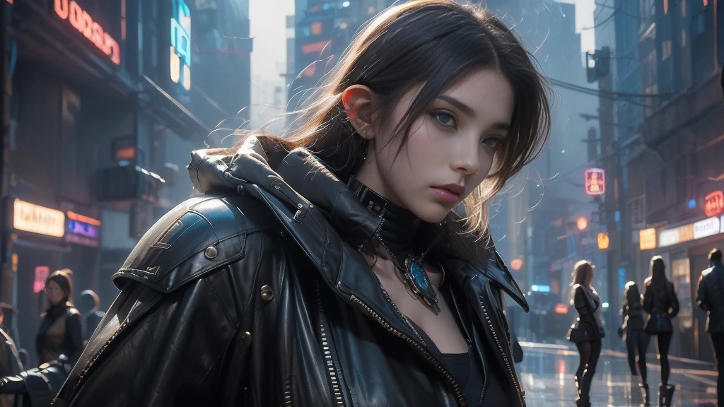 masterpiece, high resolution,8K,(Portrait Photos:1.5),(R Original Photo),Reality,Digital Photography,(A fusion of cyberpunk and fantasy),(Female Soldiers),20-year-old female elf,(Big , Accessories,shut your mouth,Elegant and charming,Serious and arrogant,Calm and handsome,Combination of cyberpunk and fantasy style clothing,Hollow carving design,Big ，Combined Armor,Photo poses,Realistic style,oc rendering reflection texture，sentry，Cyberpunk-style future city，Medium distance photography