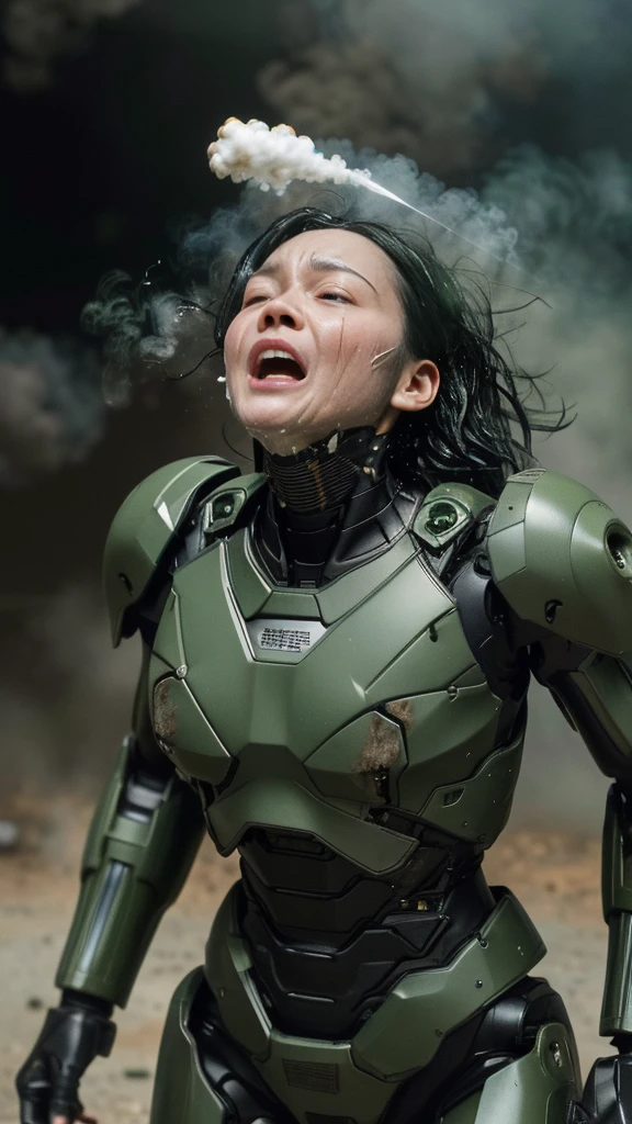 ,  very detailed, Advanced Details,  High image quality , 最 High image quality ,  High Resolution , 1080P 、 smoke coming out of the wound  　Green Armor、  wearing green and black clothes 、cute((全身のSerious damage))(  injured woman in robot suit ...)()(Broken Armor)((  cracks are spreading  ))(Black  smoke coming out of the wound  )  Black Hair 、  boyish short hair with nozzle extending from vagina 、Torn Armor、  wet hair  、Faint with mouth open、(Steam from the bodyが上がる)Sweaty face、It hurts again、Serious damage、、saliva dripping from the mouth、female college student　　( steam coming out of her face ) ((Steam from the body)) look up　saliva