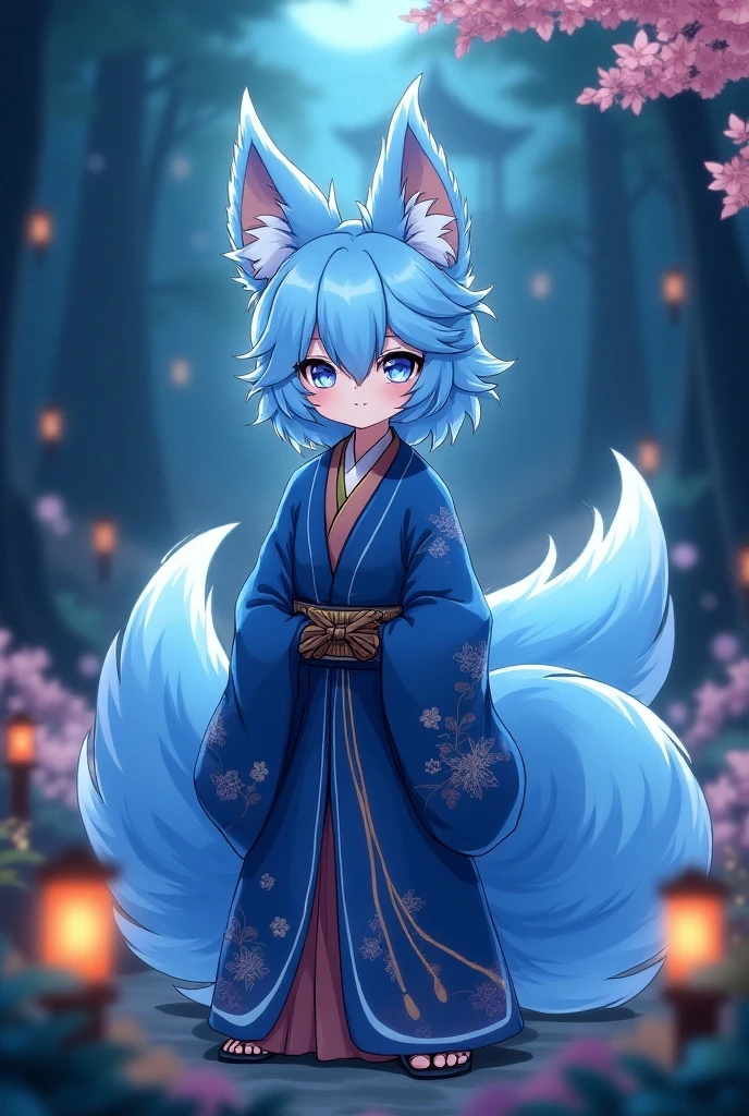 one person,12 years old,Unknown gender,fox,Black Hair,Shoulder-length hair,Blue-green inner color,Black fox ears,Celadon kimono,Black large hoodie,Black tail,The tip of the tail is blue-green,Confused eyes,Blue-green eyes