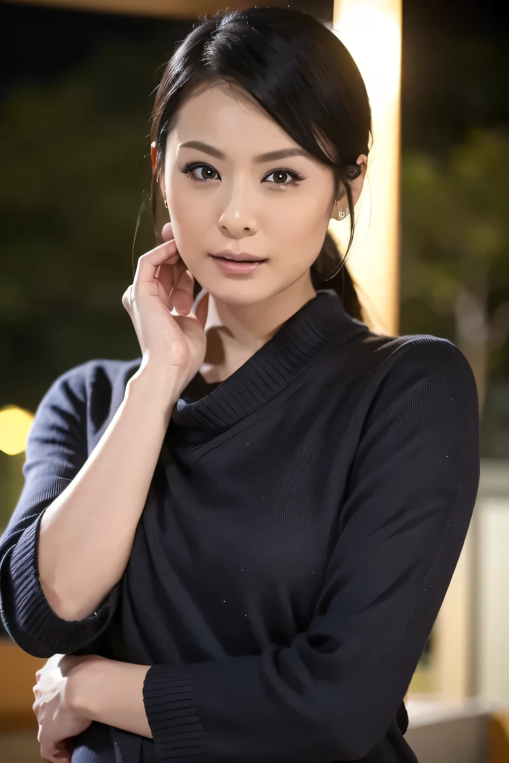((( background is a night view of Ginza 、強いbokeh)))、(masterpiece, Best Quality:1.2), 1 girl, Alone、(( a woman wearing a long black coat :Very beautiful woman wearing a cool neck sweater in front of a coat [ buttons on the front of the coat are all closed 、Big breasts are hidden in sweaters、(I'm wearing clothes in a polite manner)))long eyelashes、Eyeliner、Eyeliner、smile、happiness、((( a nightscape of Ginza with a shallow depth of field、night、dark)))、(masterpiece, Best Quality:1.2), Detailed face、((( very beautiful woman wearing a cool neck sweater))). . (((Dark background of the night、 Extremely Sharp Focus 、Sharp cutting edge)))、 beautiful pictures of coats and sweaters ,  Japanese adult women as porn movie stars , Movie Premier Gala, Dark and gloomy atmosphere (masterpiece:1.2) Tokyo night view in the background、 (Realistic:1.2) (bokeh) (Best Quality) (detailed skin:1.2) (  intricate detail) (At night) (8k) (  High Resolution  ) (Cinema Lighting) (Sharp focus), ((  close-up portrait:1.2)), (Earrings), Avert your eyes ,(nature_skin,realskin:1.5), black_eye, low_Shot from an angle、SFW