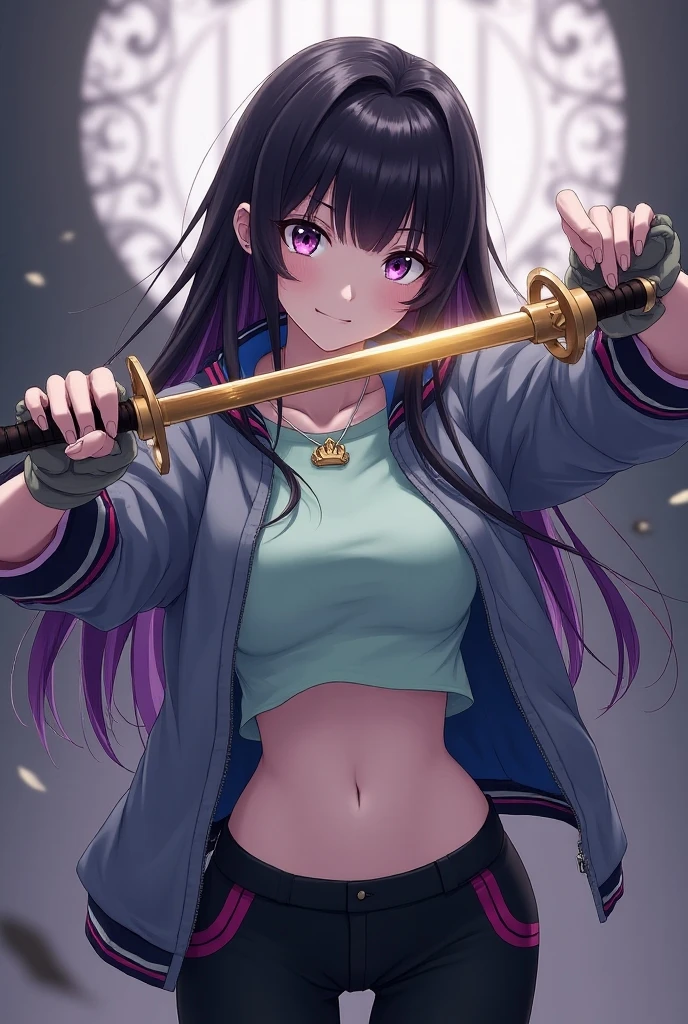 Adult anime girl,  long black hair with purple gradient , ojos morados,  white skin, slender figure.  Wear a gray jacket with blue edges ,  pastel green t-shirt that leaves your navel exposed,  gray gloves with red edges , black sports pants,  black boots with purple soles , necklace with a crown ,  and embracing a golden sword 