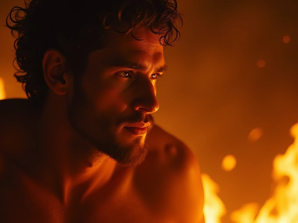 Desenhe um jovem programador, sitting naked on a research platform floating in the middle of an asteroid belt. He is studying sitting down with a dildo in his ass, surrounded by several asteroids glowing with fiery auras. Dramatic lighting from distant stars and planets illuminates the scene, casting deep shadows on the underwear. O jovem parece confiante e determinado, looking at the vast and mysterious universe with awe and respect,facial hair, cowboy shot,with a large bulge in the underwear