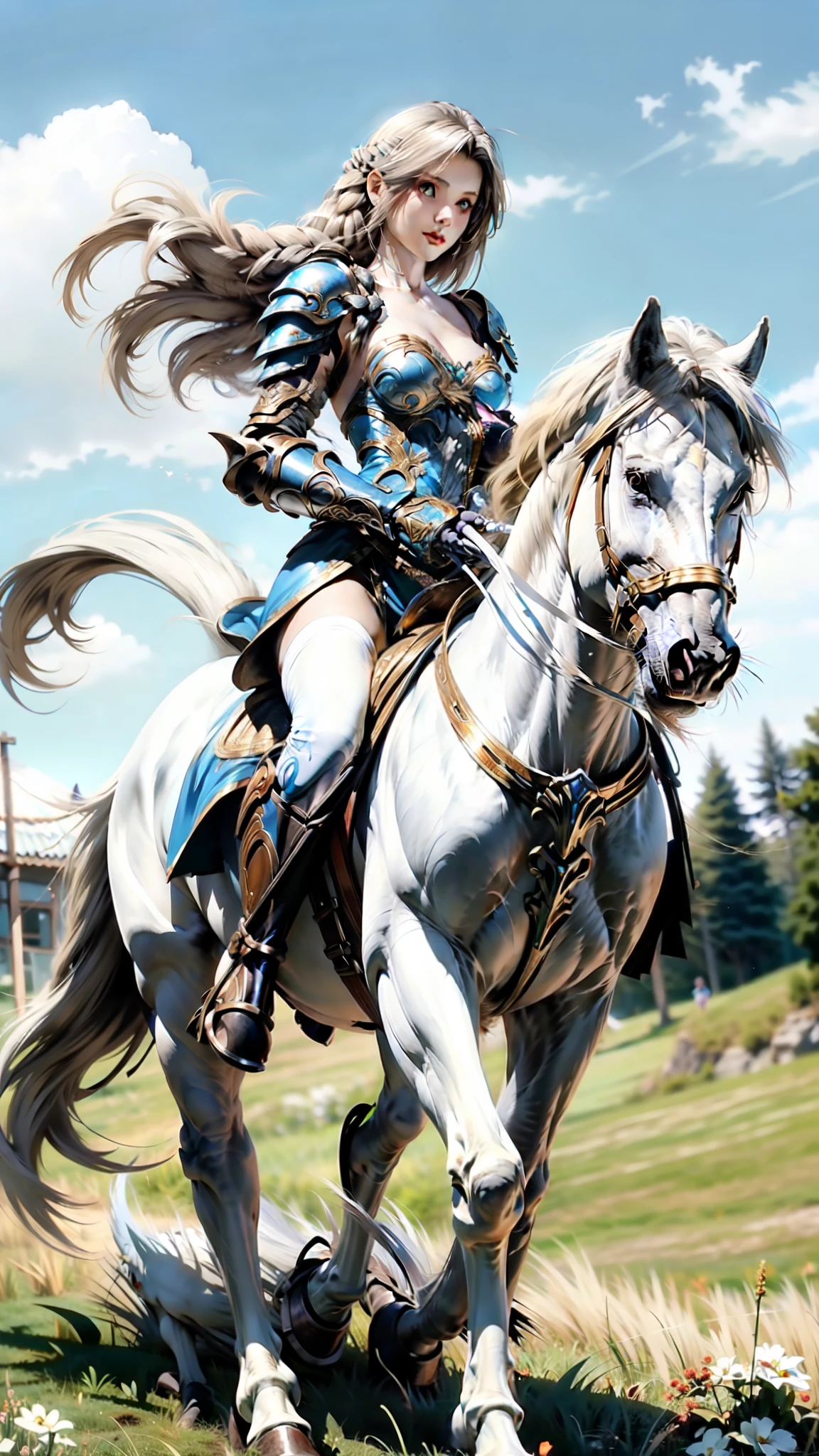 helena,((best quality)), ((anime masterpiece)), (high detailed), 8k, cinematic lighting, perfect face, a young female knight riding a HORSE, (green eyes, long hair, {blonde hair}, medium breast, cleavage), (helena, white armor, silver shoulder pads, gauntlet, white glove, miniskirt, armored boots), ((white horse:1.2, {white mane}, white tail, saddle, blanket, reins, bridle, stirrups)), FULL BODY, in the grassland, blue sky, solo, medieval fantasy settings, anatomically correct